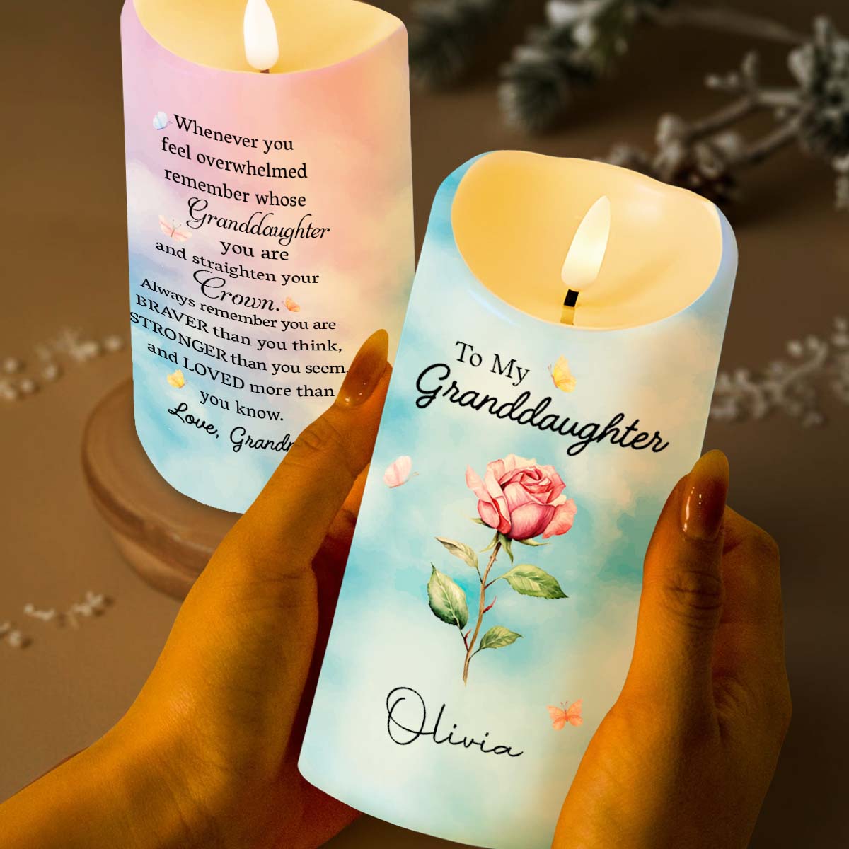 Personalized Flameless LED Candle Custom Name for Granddaughter LED Candle GradoCreations