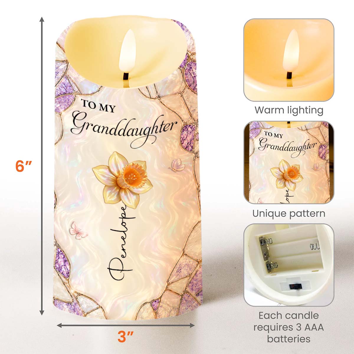 Personalized LED Candle Custom Flower Gift for Granddaughter LED Candle GradoCreations