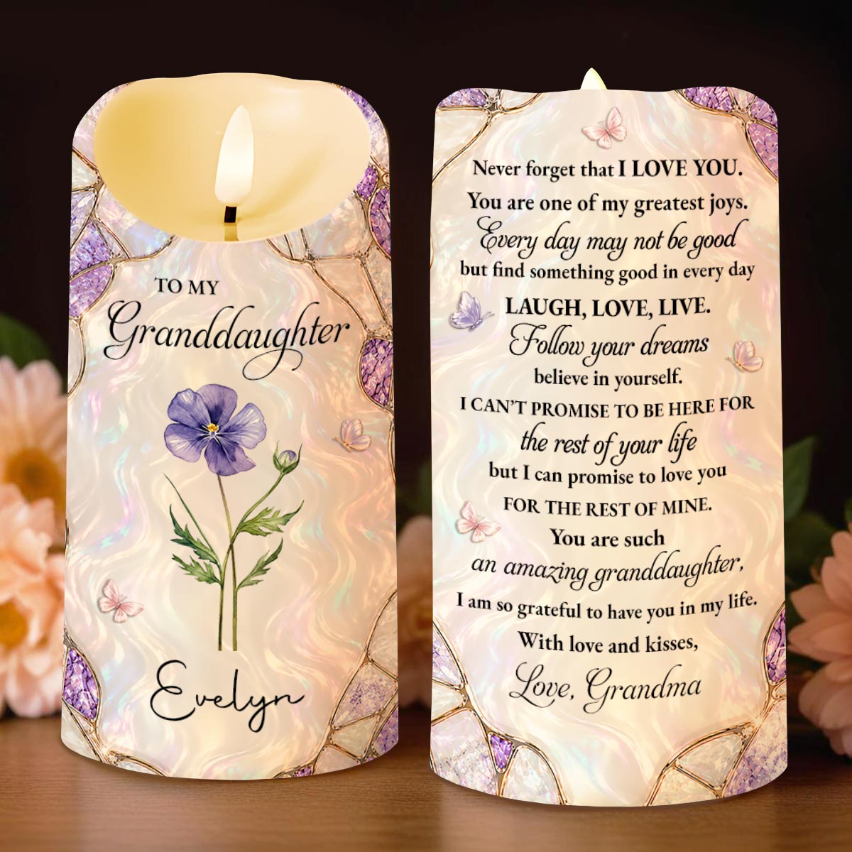 Personalized LED Candle for Granddaughter with Butterflies LED Candle GradoCreations