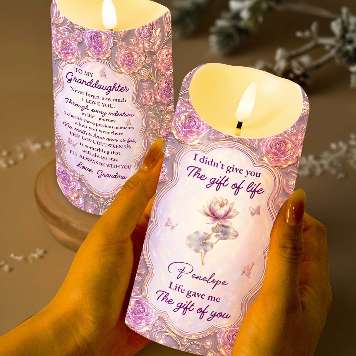 Personalized LED Candle Custom Rose Gift for Granddaughter LED Candle GradoCreations
