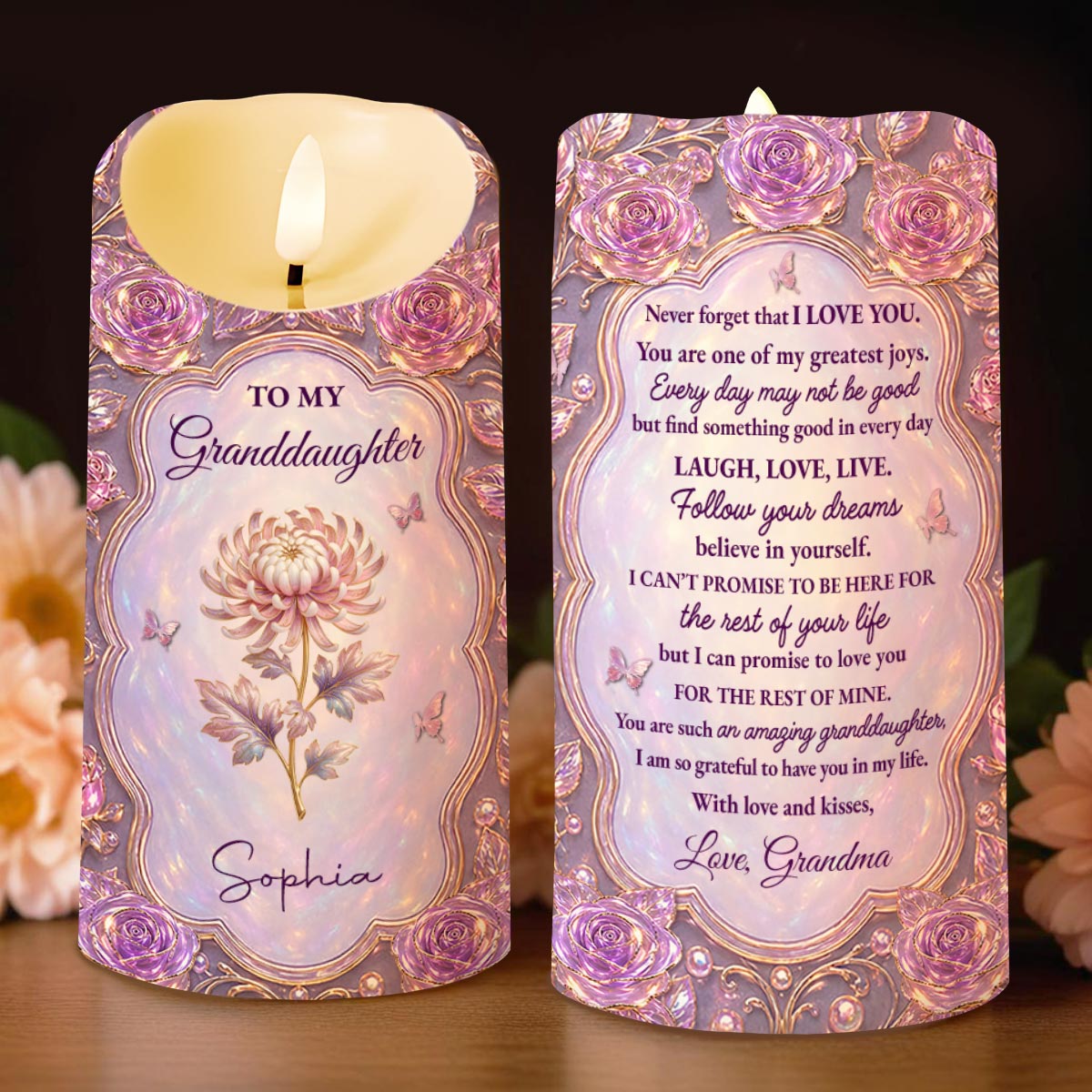Personalized LED Candle Custom Birth Month Flowers Gift for Granddaughter LED Candle GradoCreations