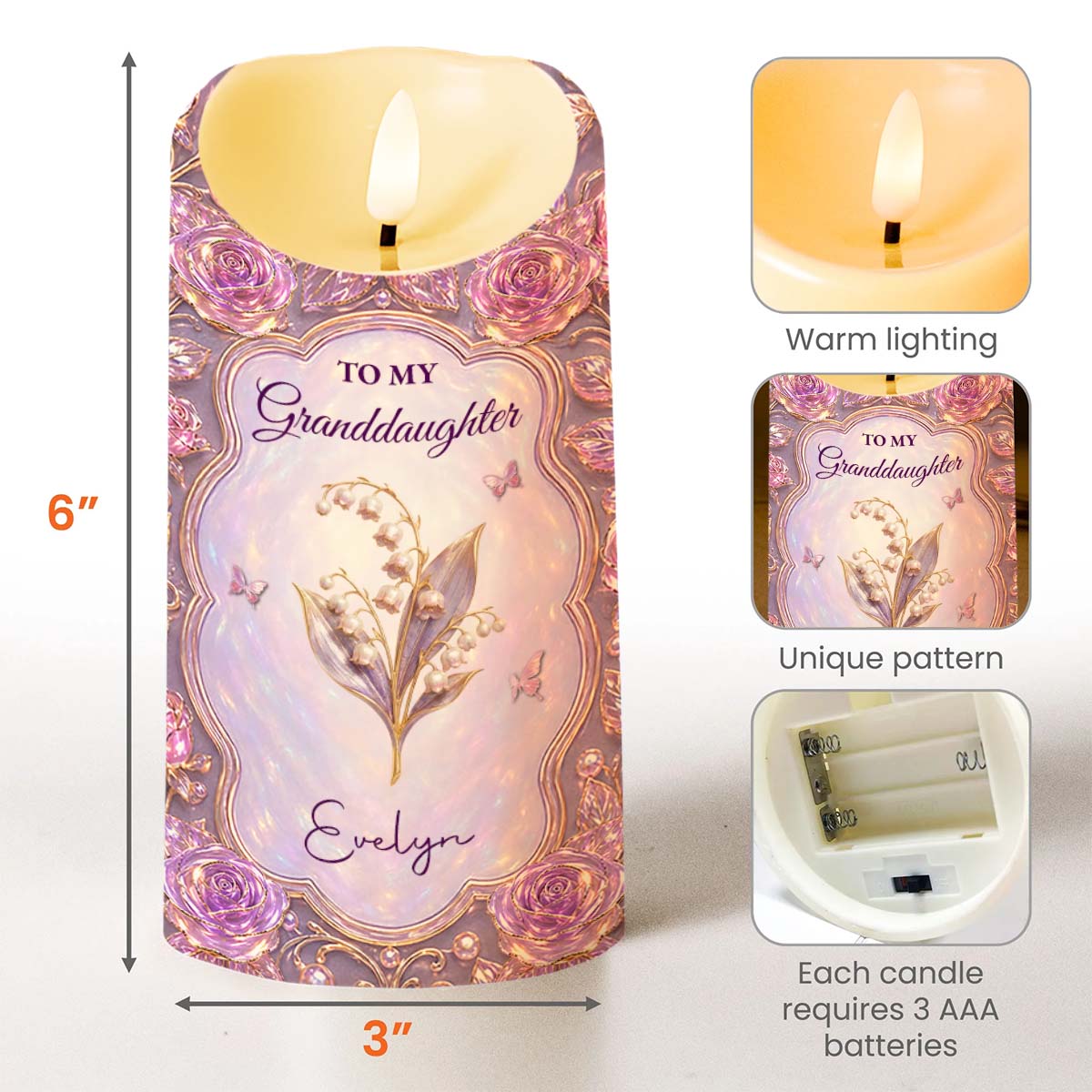 Personalized LED Candle Custom Birth Month Flowers Gift for Granddaughter LED Candle GradoCreations