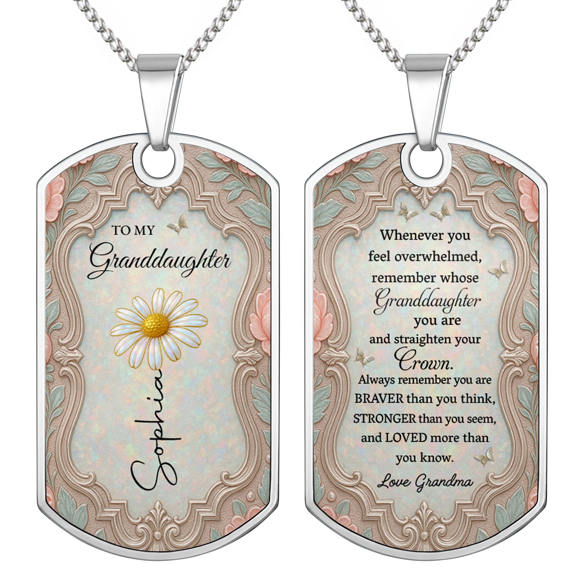 Personalized Dog Tag Necklace for Granddaughter with Birth Month Flower Dog Tag Necklace GradoCreations