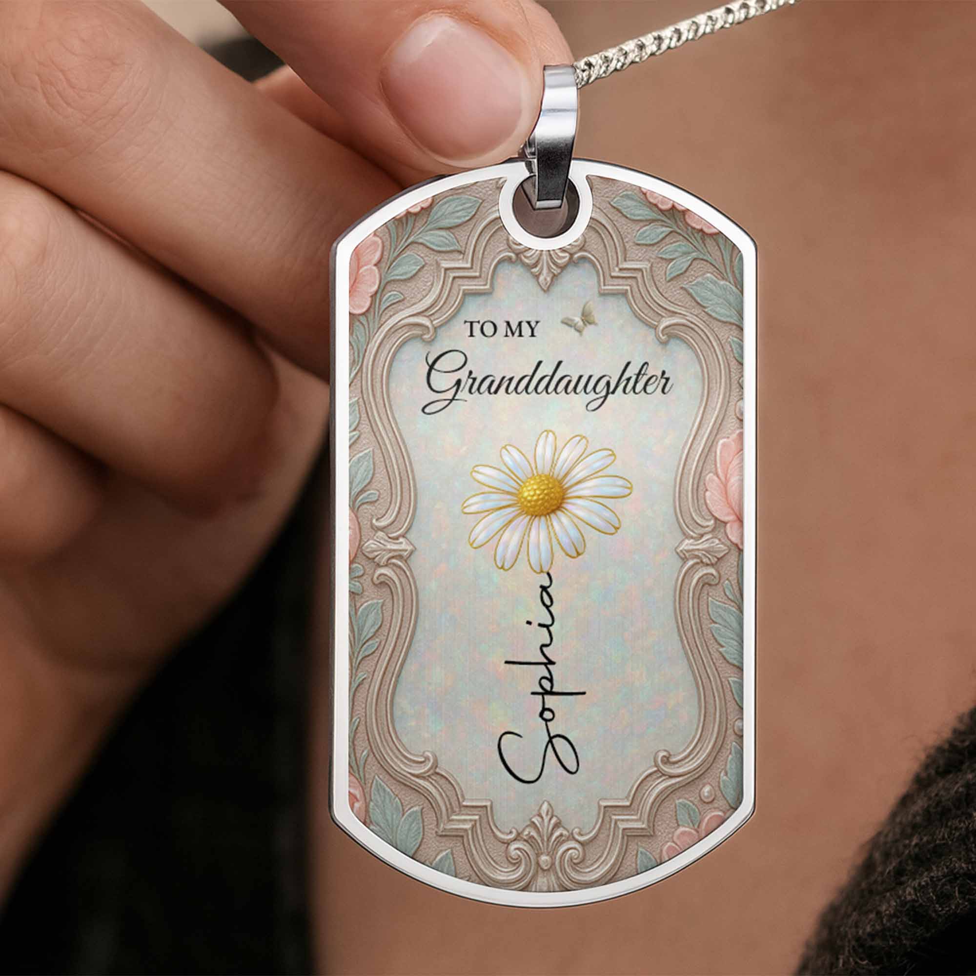 Personalized Dog Tag Necklace for Granddaughter with Birth Month Flower Dog Tag Necklace GradoCreations