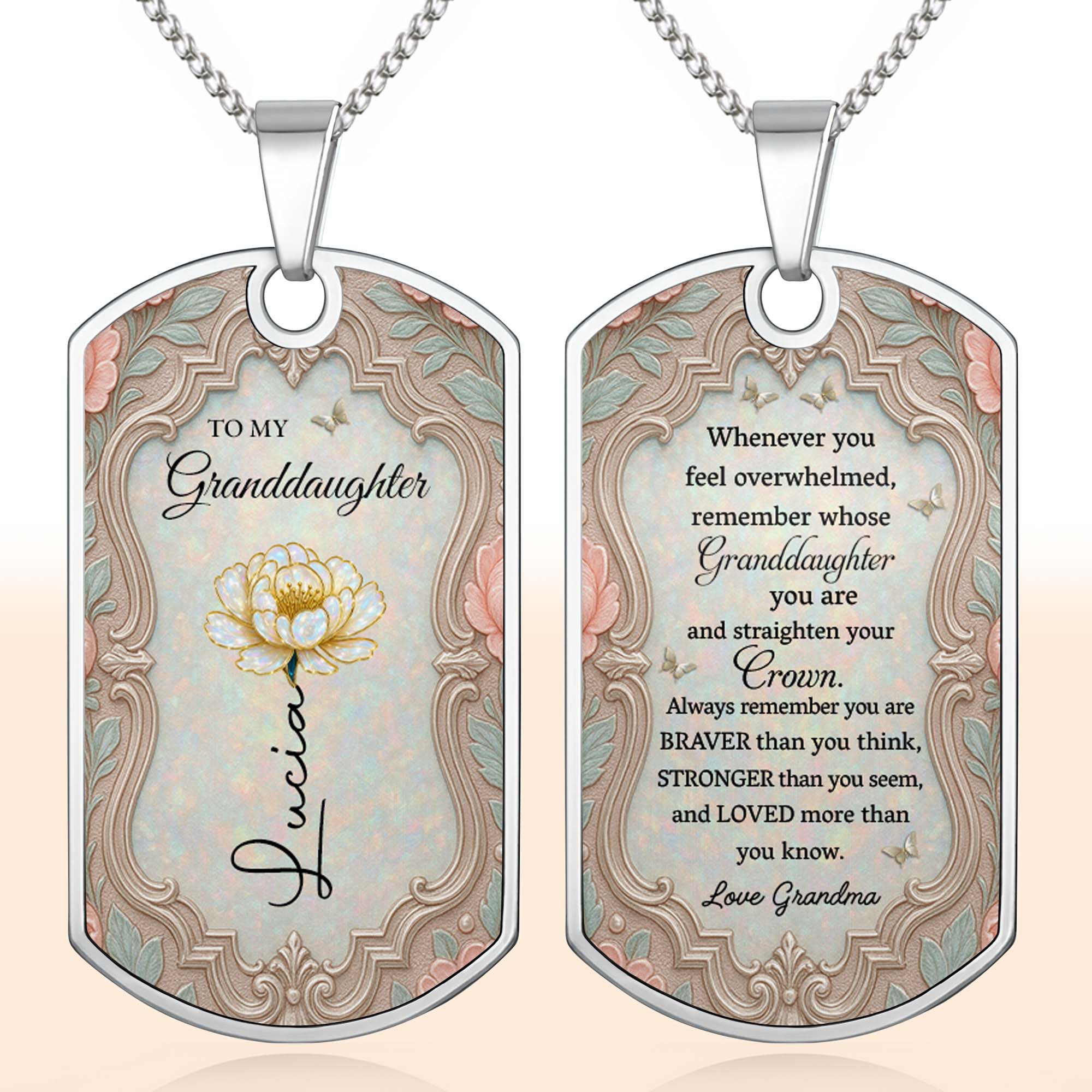 Personalized Dog Tag Necklace for Granddaughter with Birth Month Flower Dog Tag Necklace GradoCreations