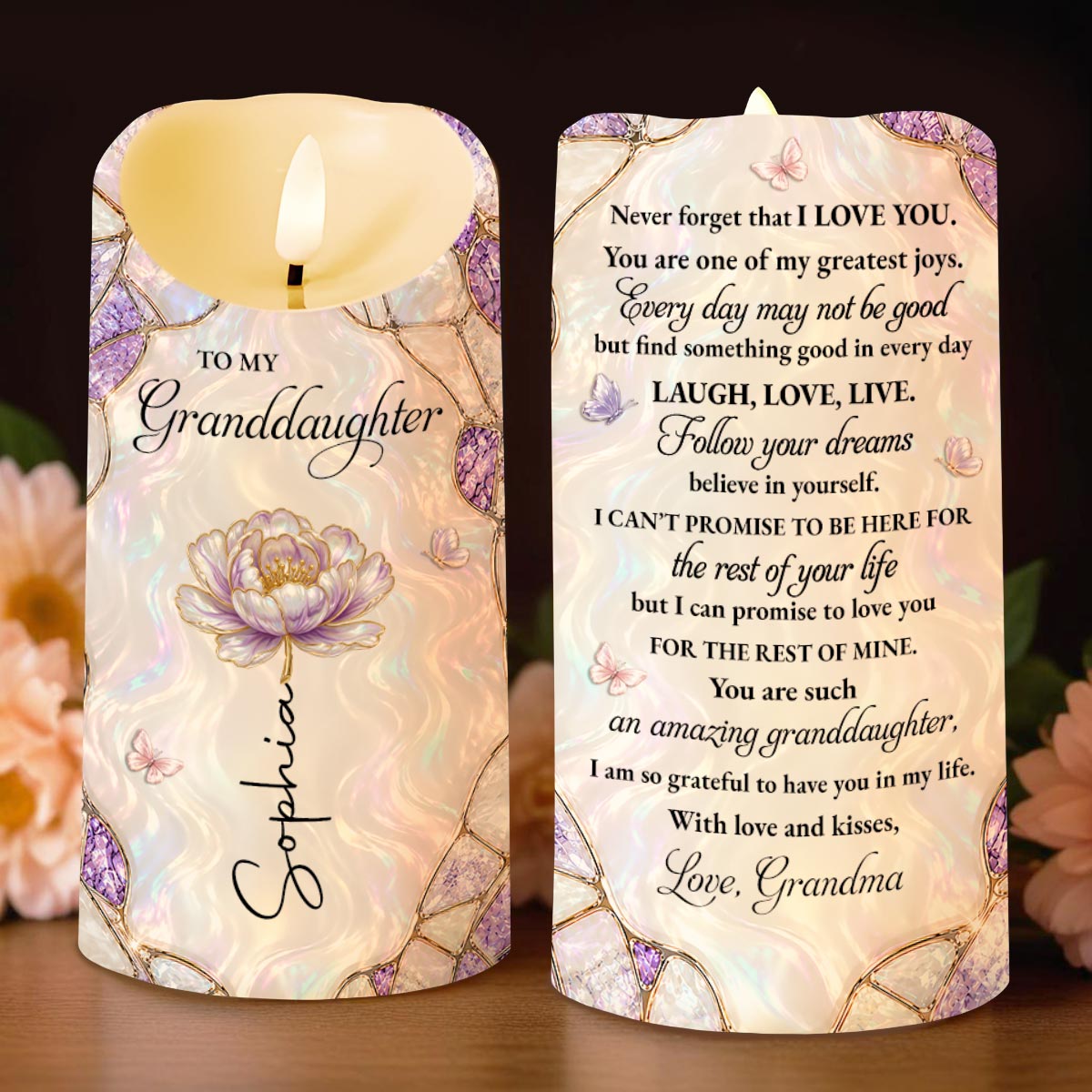 Personalized LED Candle with Flowers for Granddaughter Gift LED Candle GradoCreations