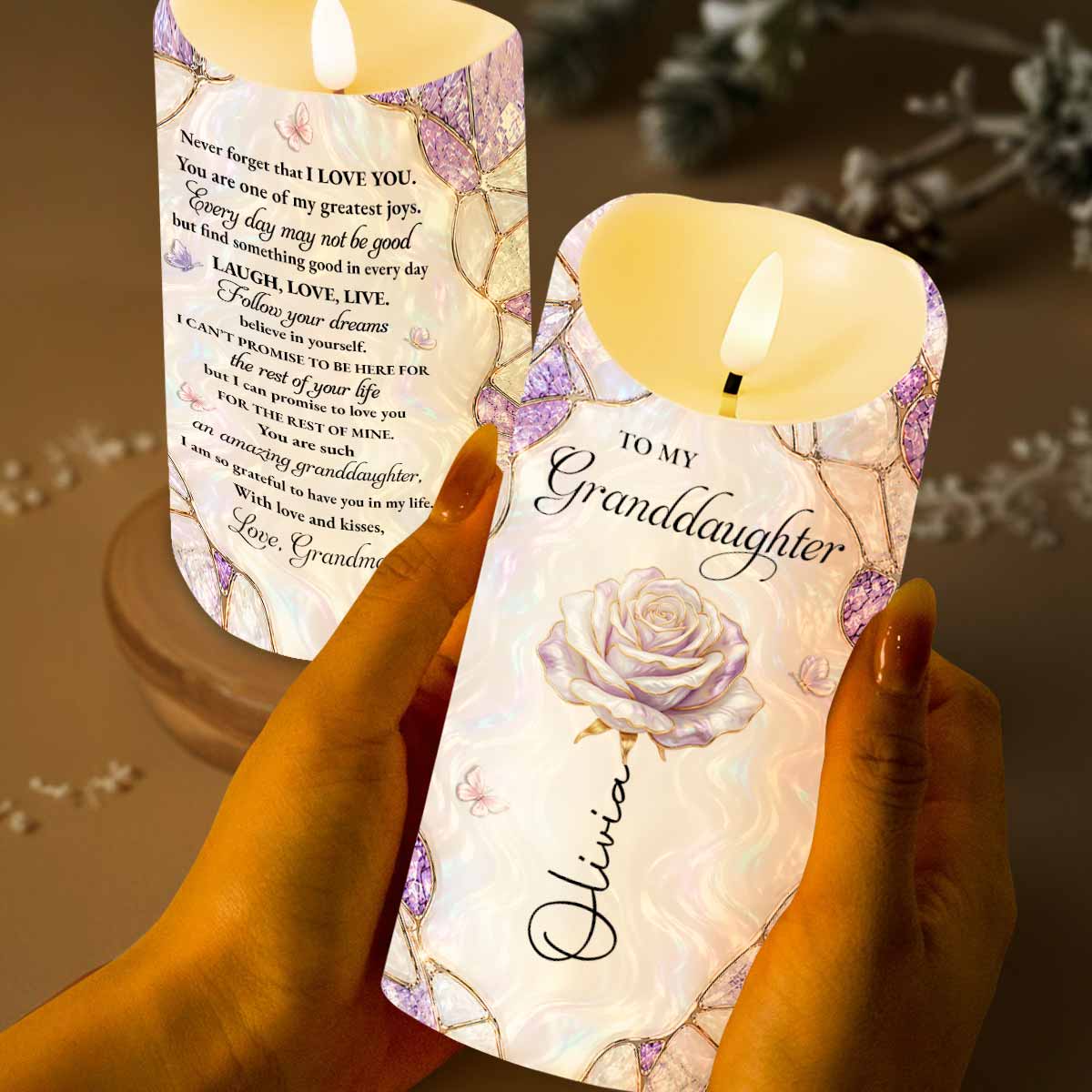 Personalized LED Candle with Flowers for Granddaughter Gift LED Candle GradoCreations