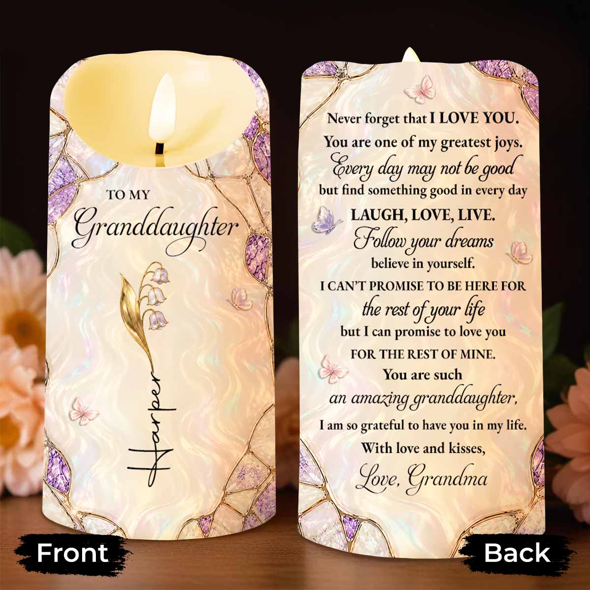 Personalized LED Candle with Flowers for Granddaughter Gift LED Candle GradoCreations