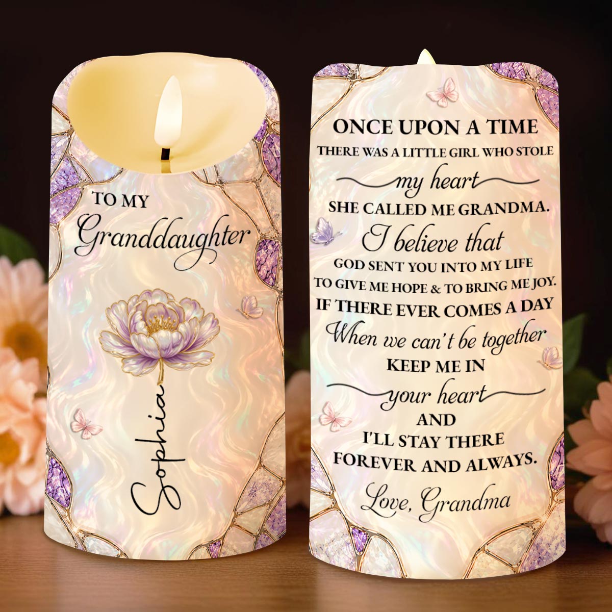 Personalized LED Candle Custom Flower Butterflies Gift for Granddaughter LED Candle GradoCreations
