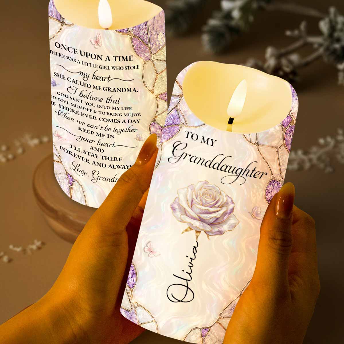 Personalized LED Candle Custom Flower Butterflies Gift for Granddaughter LED Candle GradoCreations