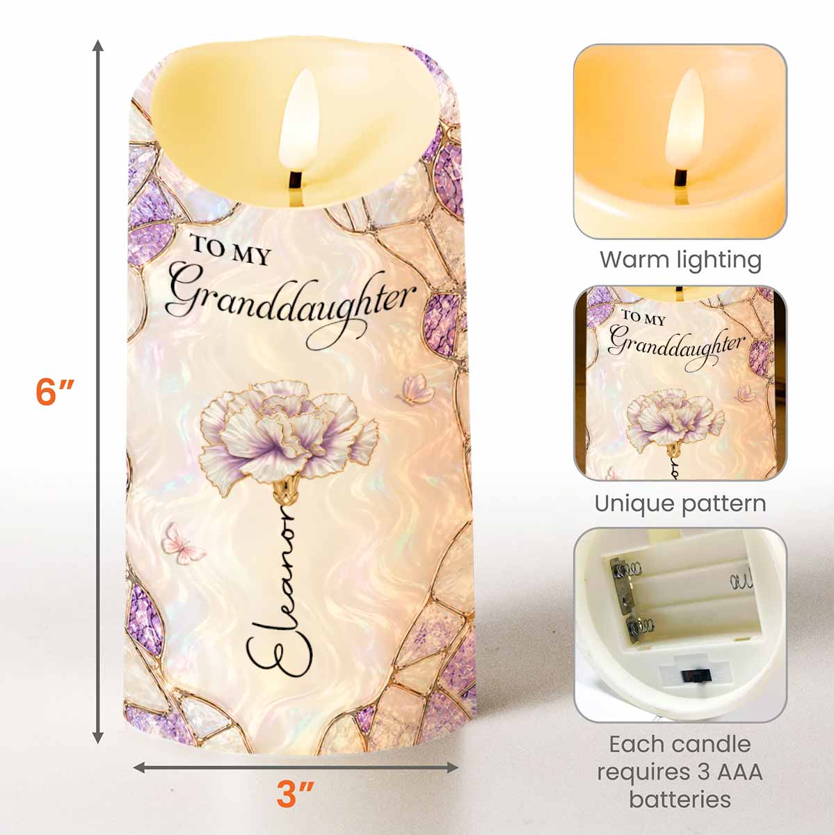 Personalized LED Candle Custom Flower Butterflies Gift for Granddaughter LED Candle GradoCreations