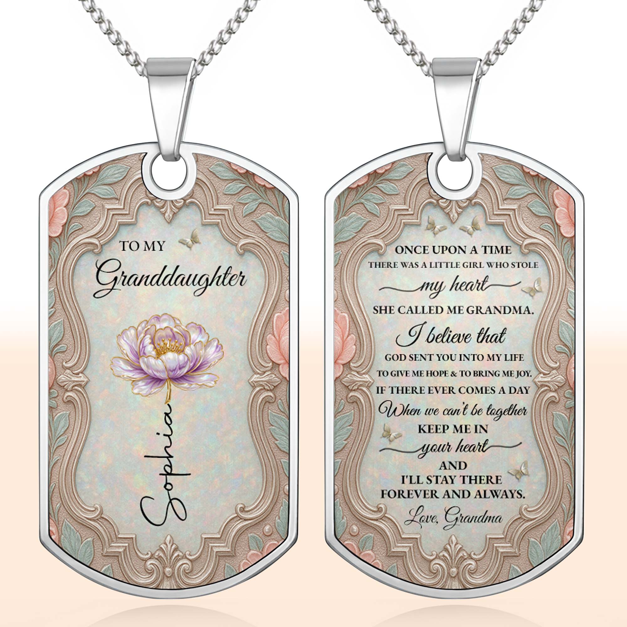 Personalized Custom Dog Tag Necklace for Granddaughter - Birth Flower Gift Dog Tag Necklace GradoCreations