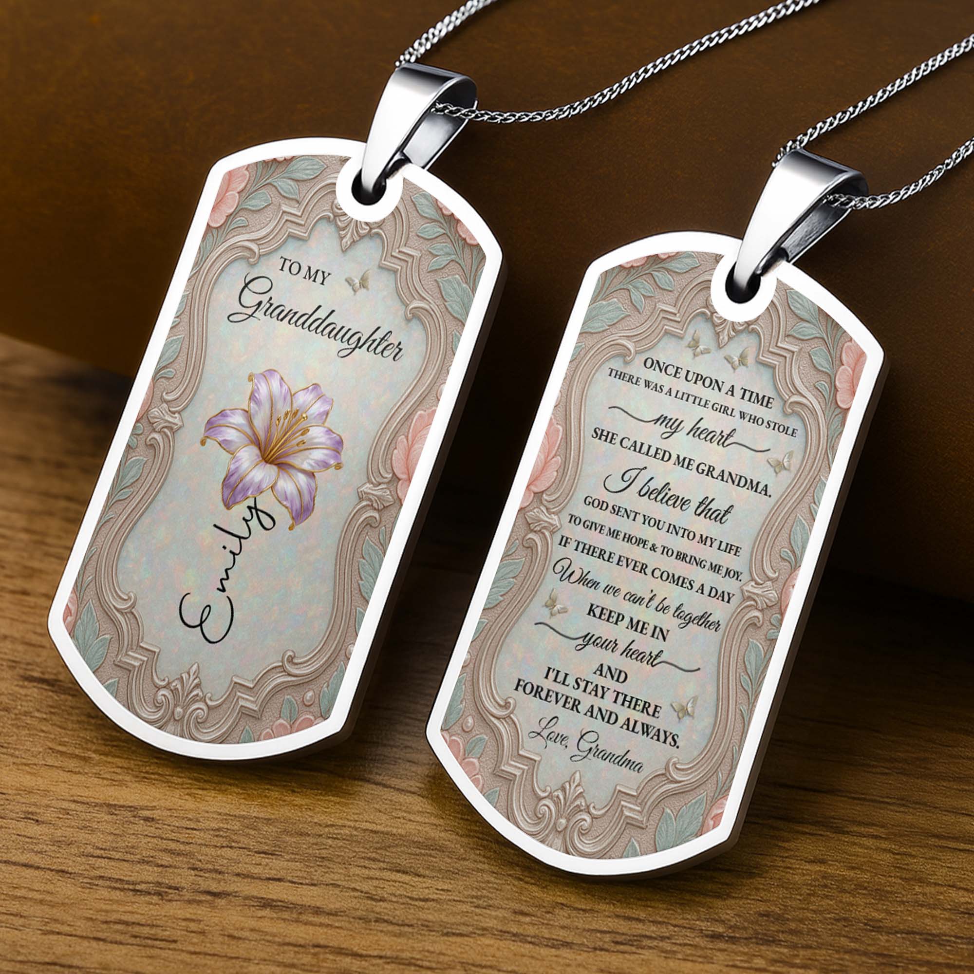 Personalized Custom Dog Tag Necklace for Granddaughter - Birth Flower Gift Dog Tag Necklace GradoCreations