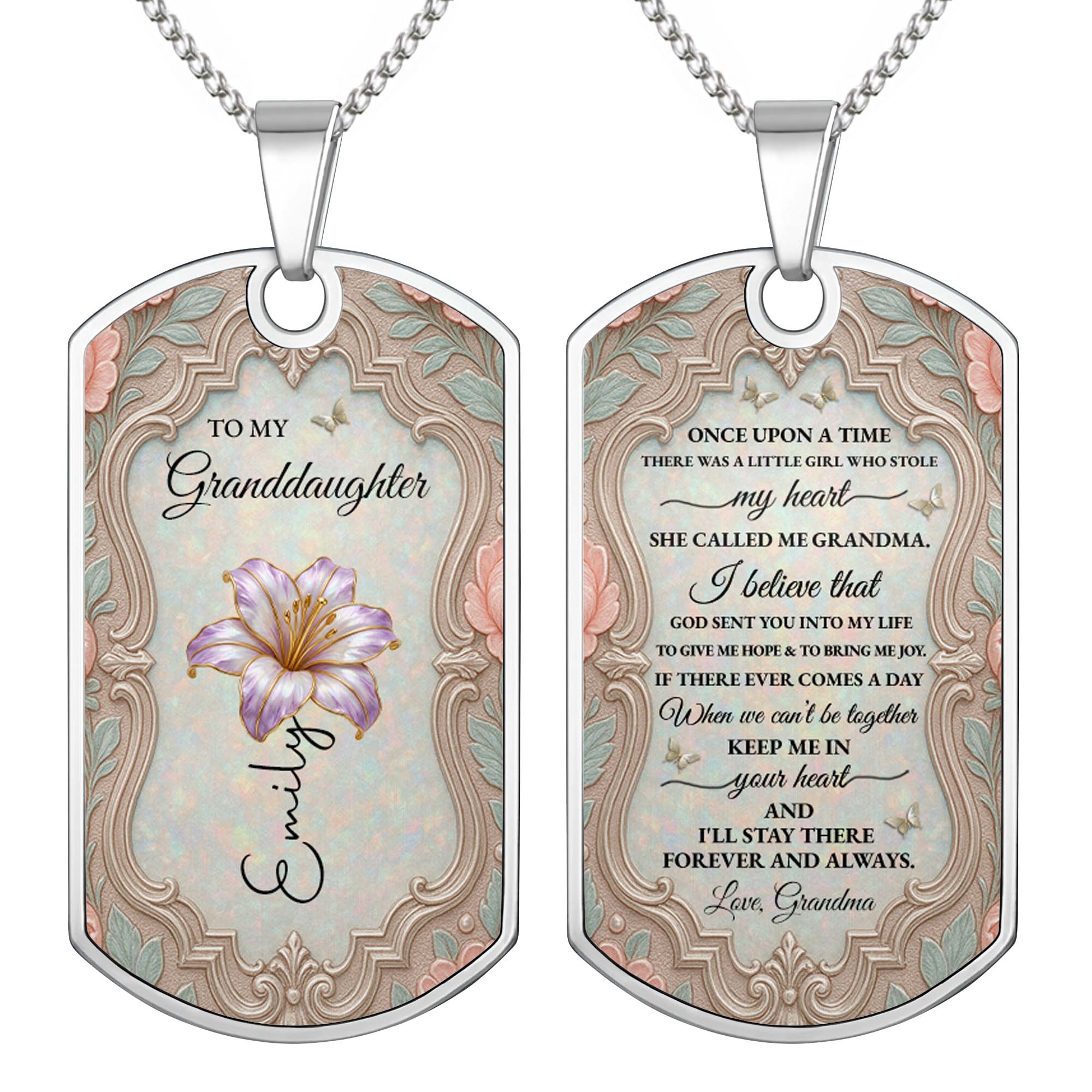 Personalized Custom Dog Tag Necklace for Granddaughter - Birth Flower Gift Dog Tag Necklace GradoCreations