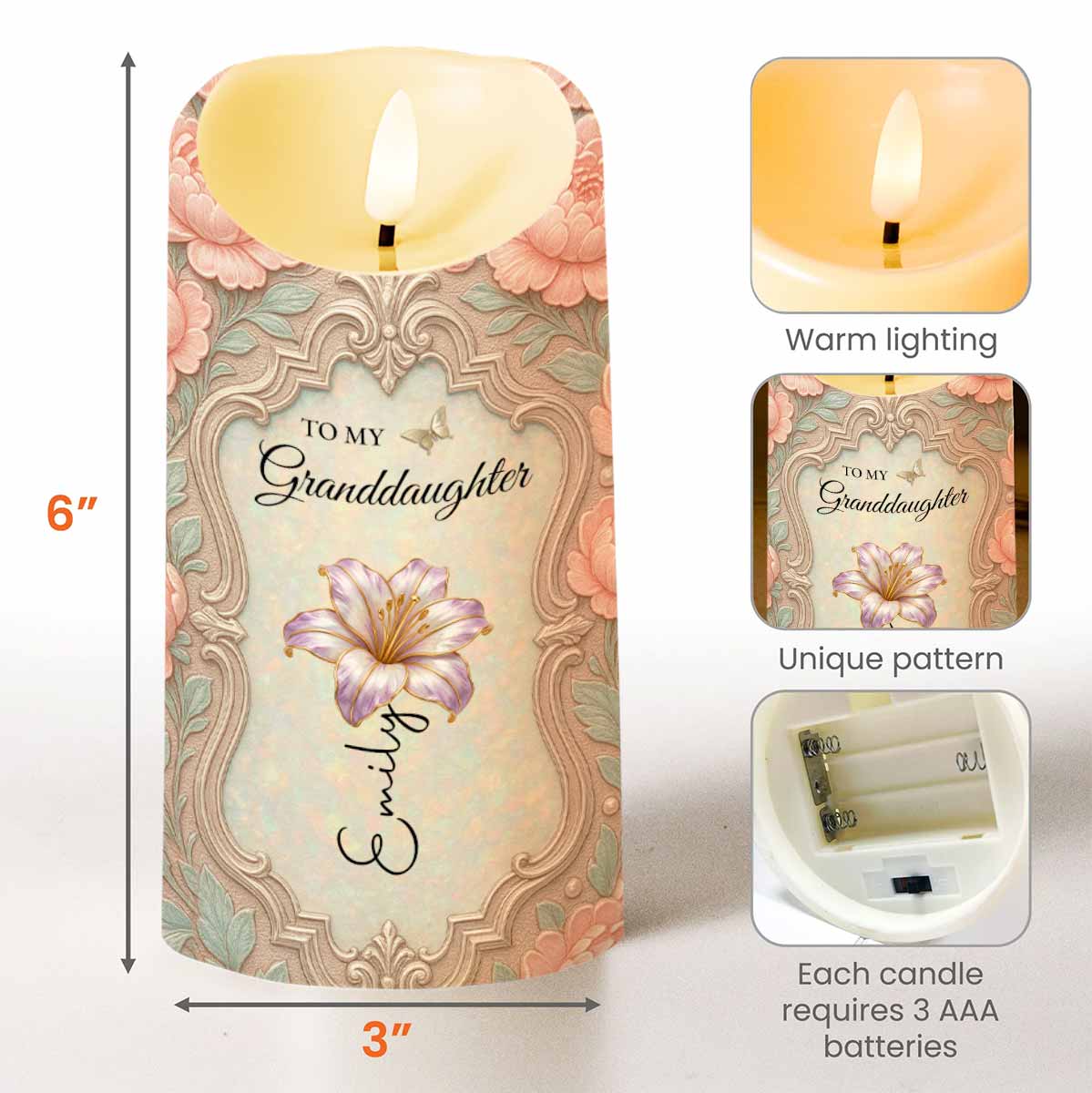 Personalized LED Candle Custom Name Birth Month Flower Gift for Granddaughter LED Candle GradoCreations