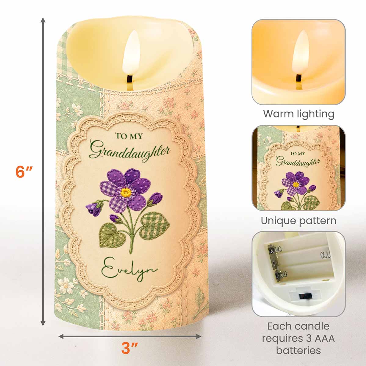Personalized LED Candle Custom Name Birth Month Flower Gift for Granddaughter LED Candle GradoCreations