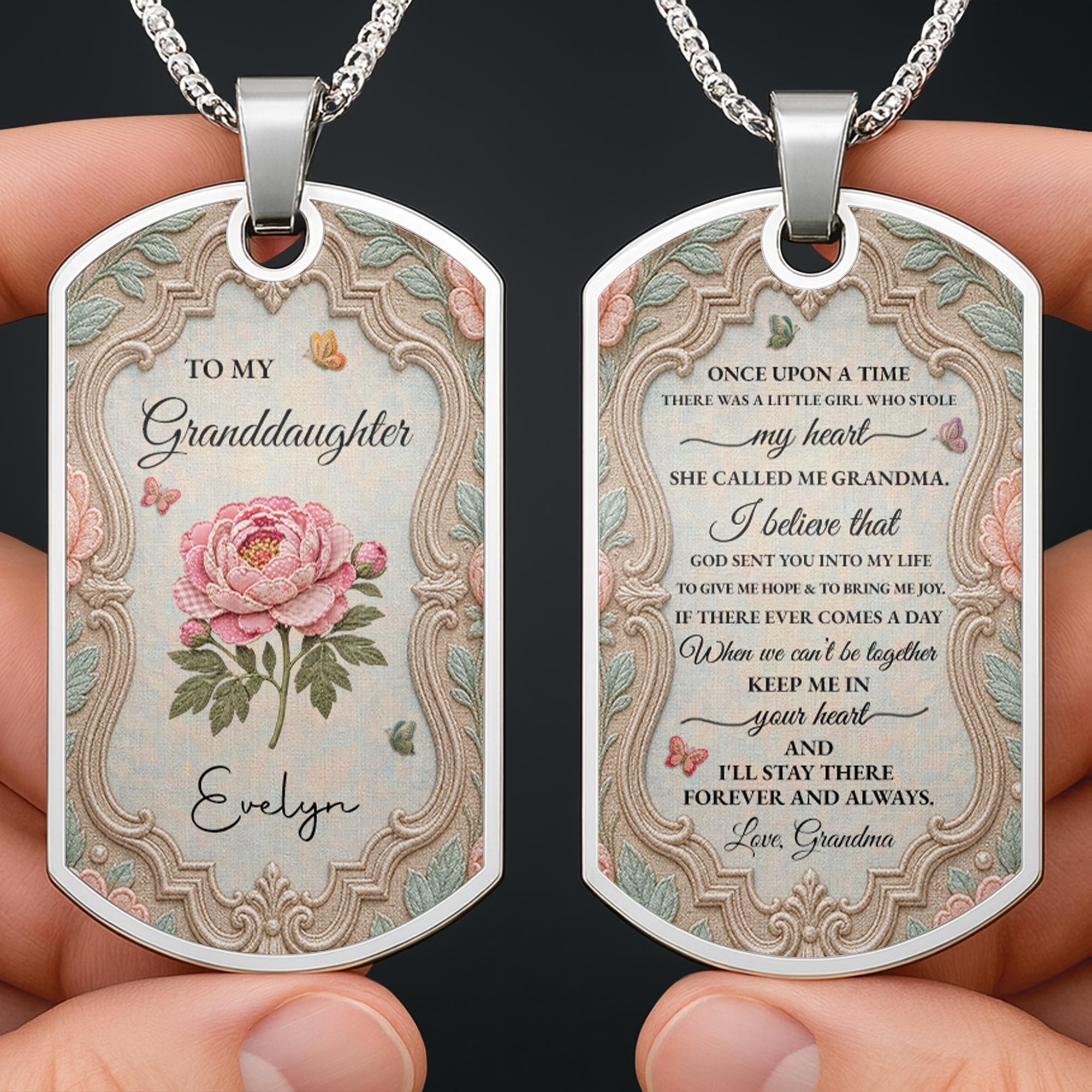 Personalized Stainless Steel Dog Tag Necklace for Granddaughter - Custom Name Flower & Butterfly Gift Dog Tag Necklace GradoCreations