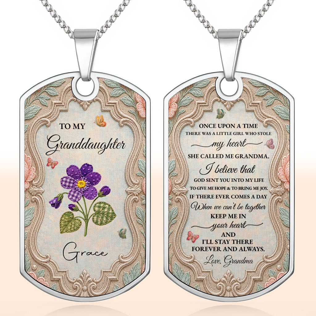 Personalized Stainless Steel Dog Tag Necklace for Granddaughter - Custom Name Flower & Butterfly Gift Dog Tag Necklace GradoCreations
