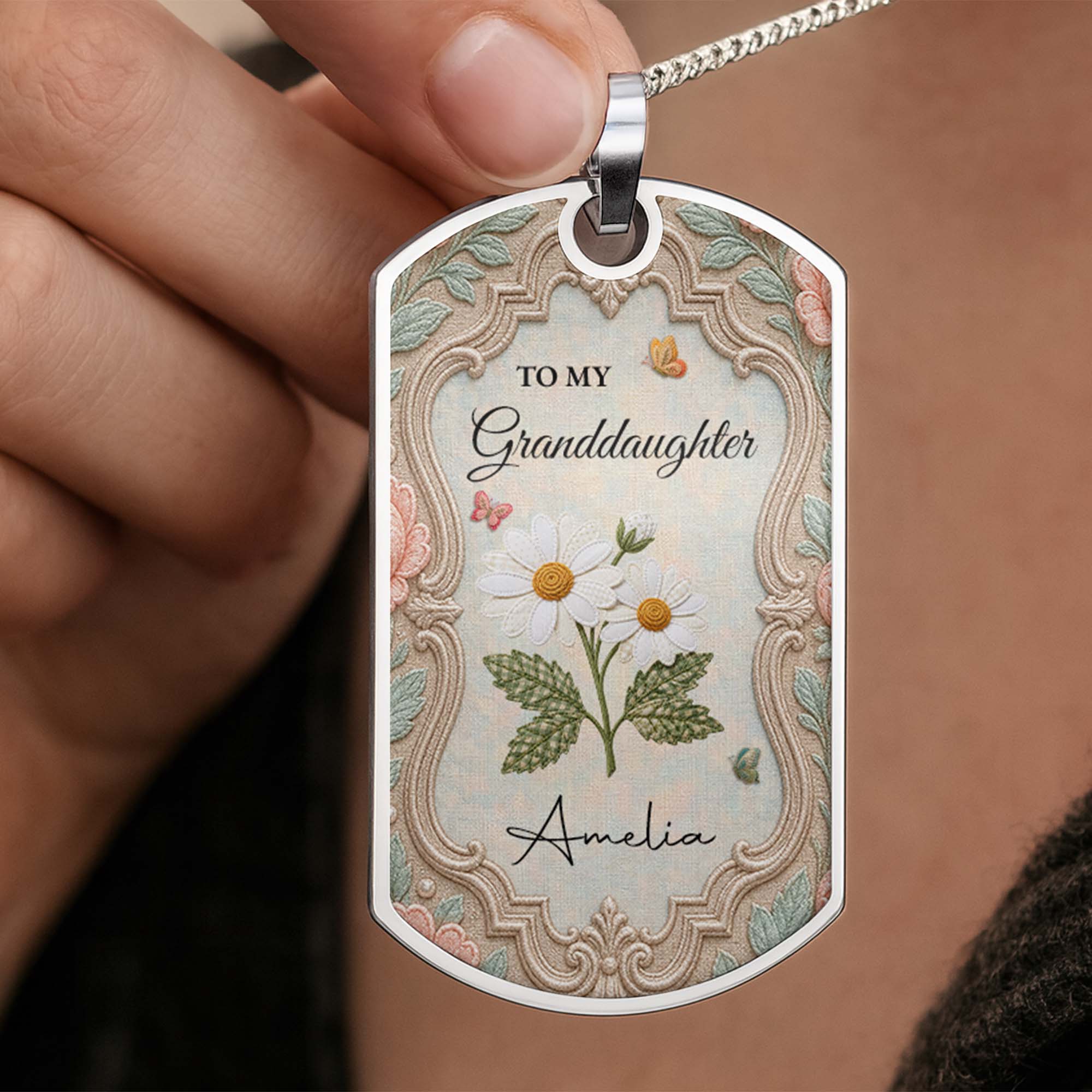 Personalized Stainless Steel Dog Tag Necklace for Granddaughter - Custom Name Flower & Butterfly Gift Dog Tag Necklace GradoCreations