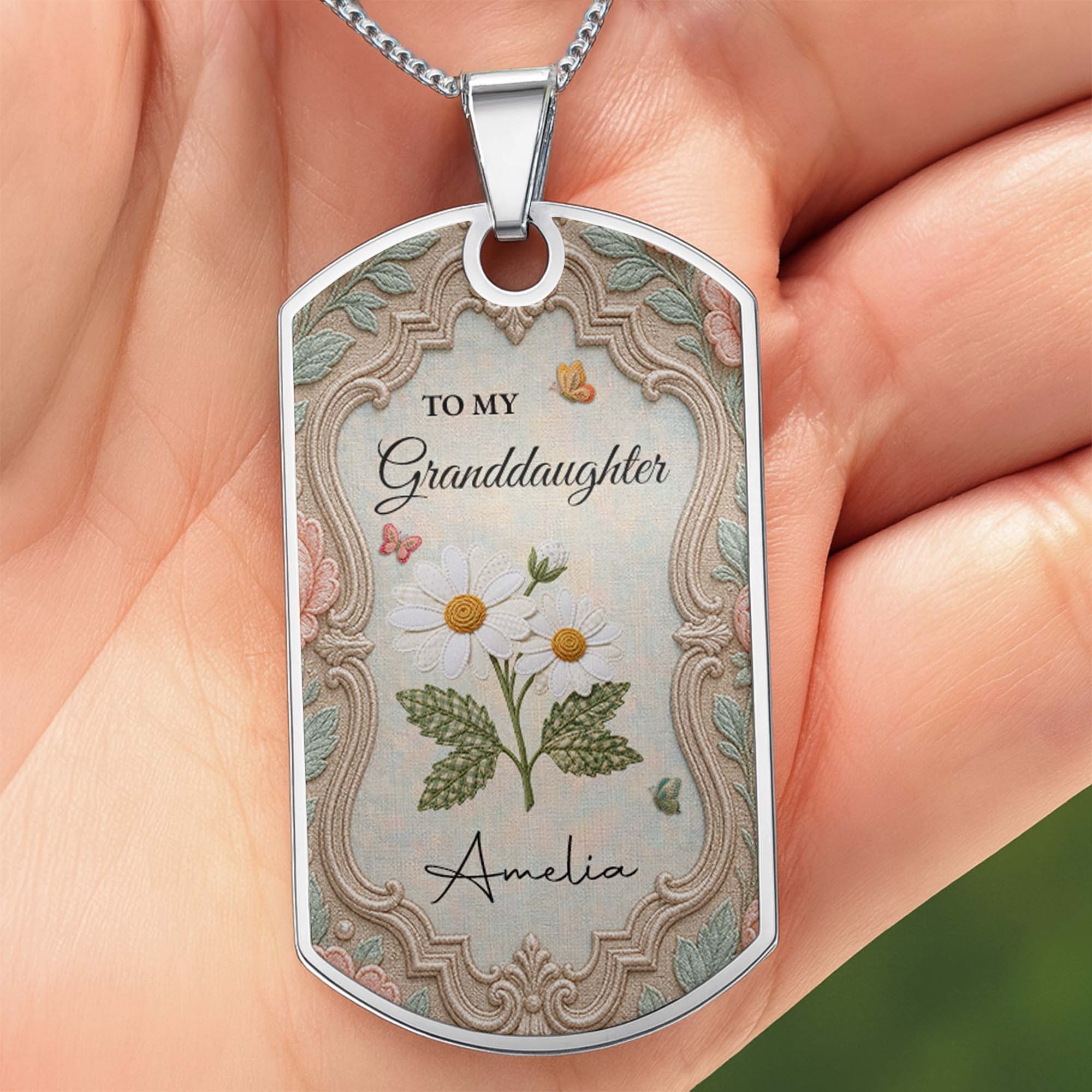 Personalized Stainless Steel Dog Tag Necklace for Granddaughter - Custom Name Flower & Butterfly Gift Dog Tag Necklace GradoCreations