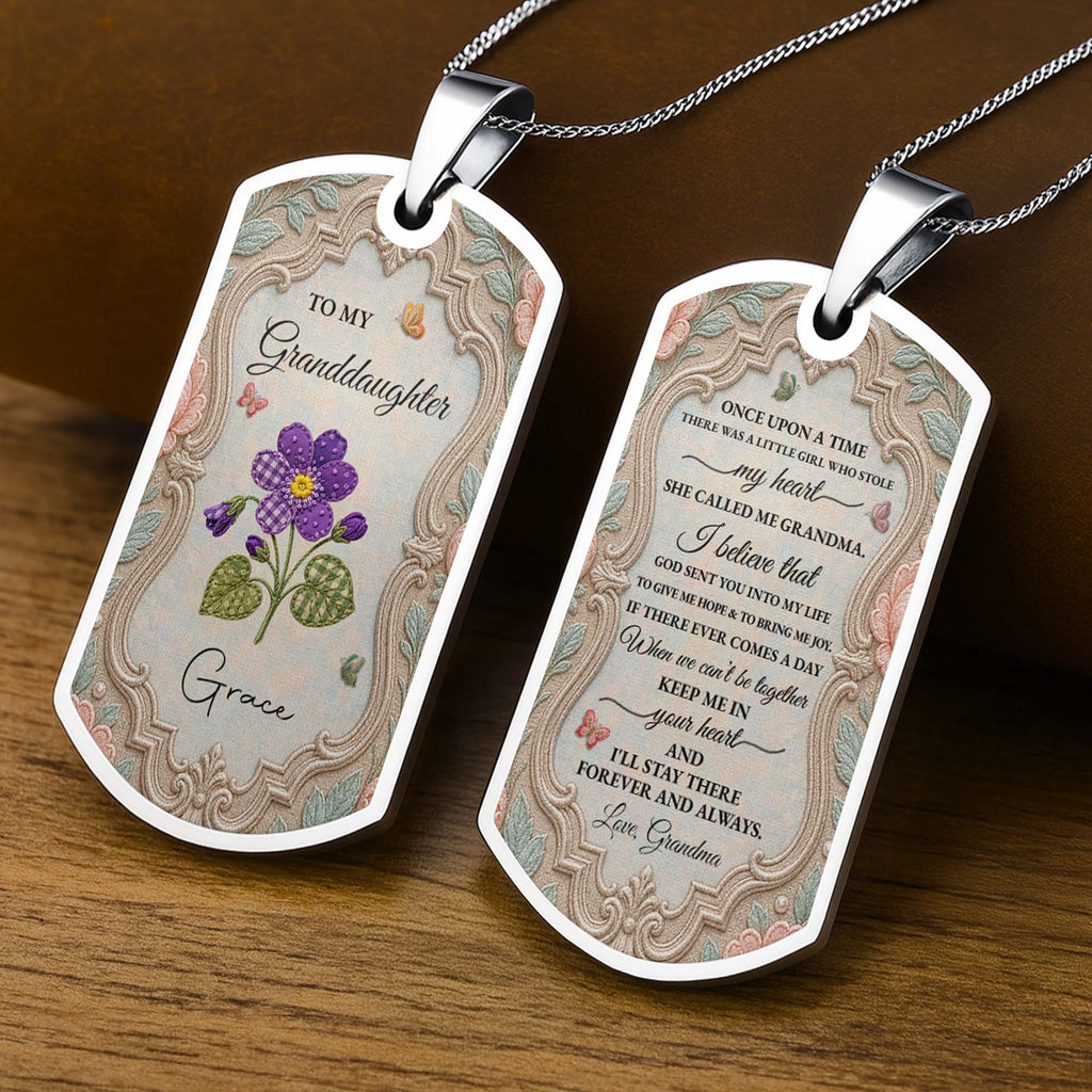 Personalized Stainless Steel Dog Tag Necklace for Granddaughter - Custom Name Flower & Butterfly Gift Dog Tag Necklace GradoCreations