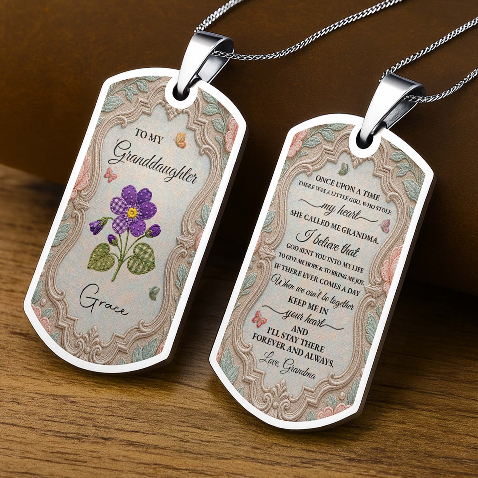 Personalized Stainless Steel Dog Tag Necklace for Granddaughter - Custom Name Flower & Butterfly Gift Dog Tag Necklace GradoCreations