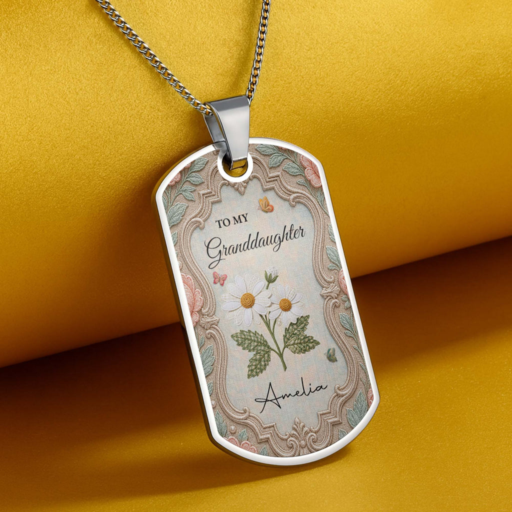 Personalized Stainless Steel Dog Tag Necklace for Granddaughter - Custom Name Flower & Butterfly Gift Dog Tag Necklace GradoCreations