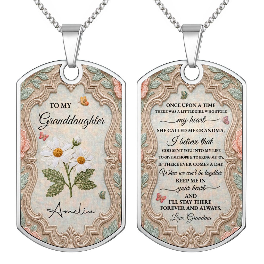 Personalized Stainless Steel Dog Tag Necklace for Granddaughter - Custom Name Flower & Butterfly Gift Dog Tag Necklace GradoCreations