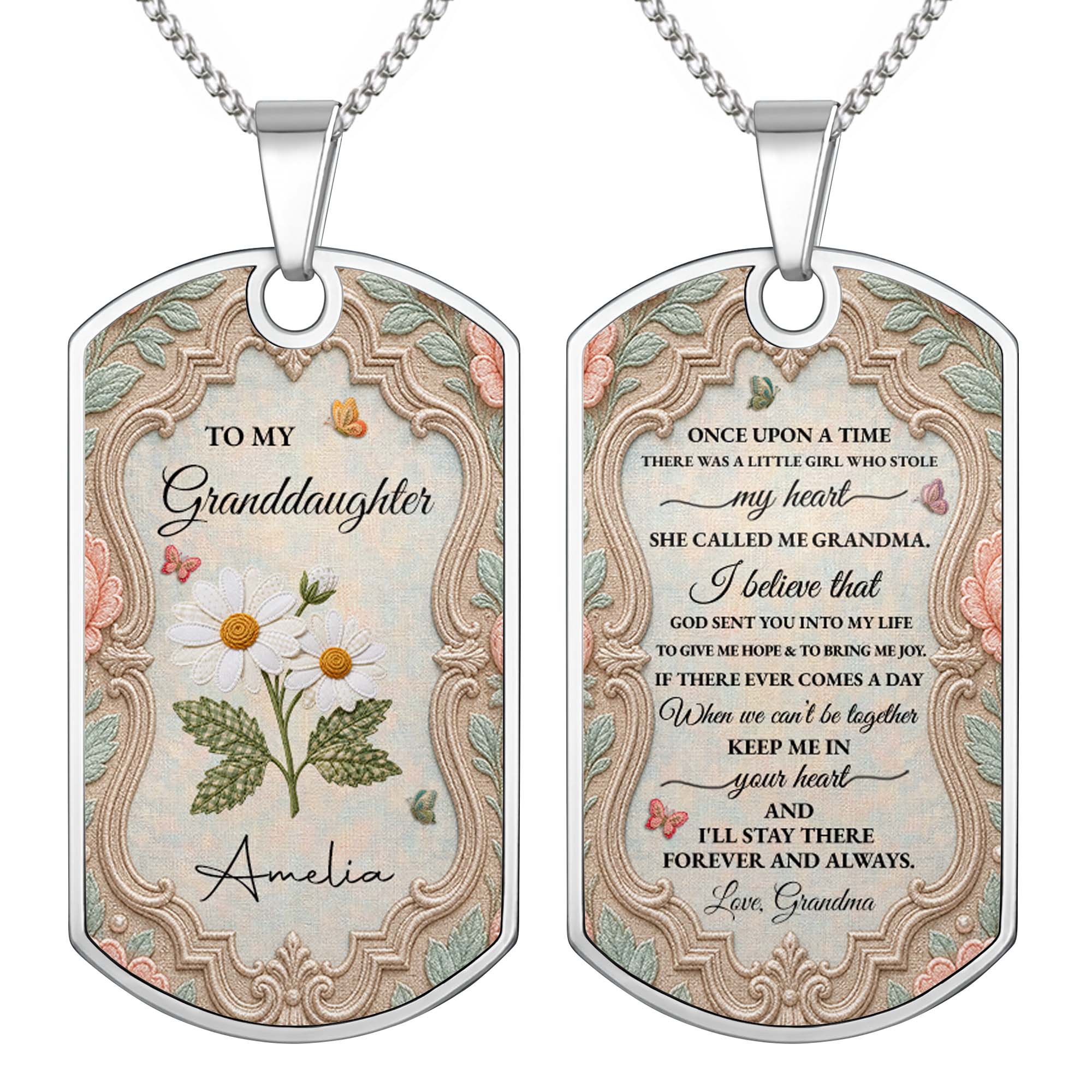 Personalized Stainless Steel Dog Tag Necklace for Granddaughter - Custom Name Flower & Butterfly Gift Dog Tag Necklace GradoCreations
