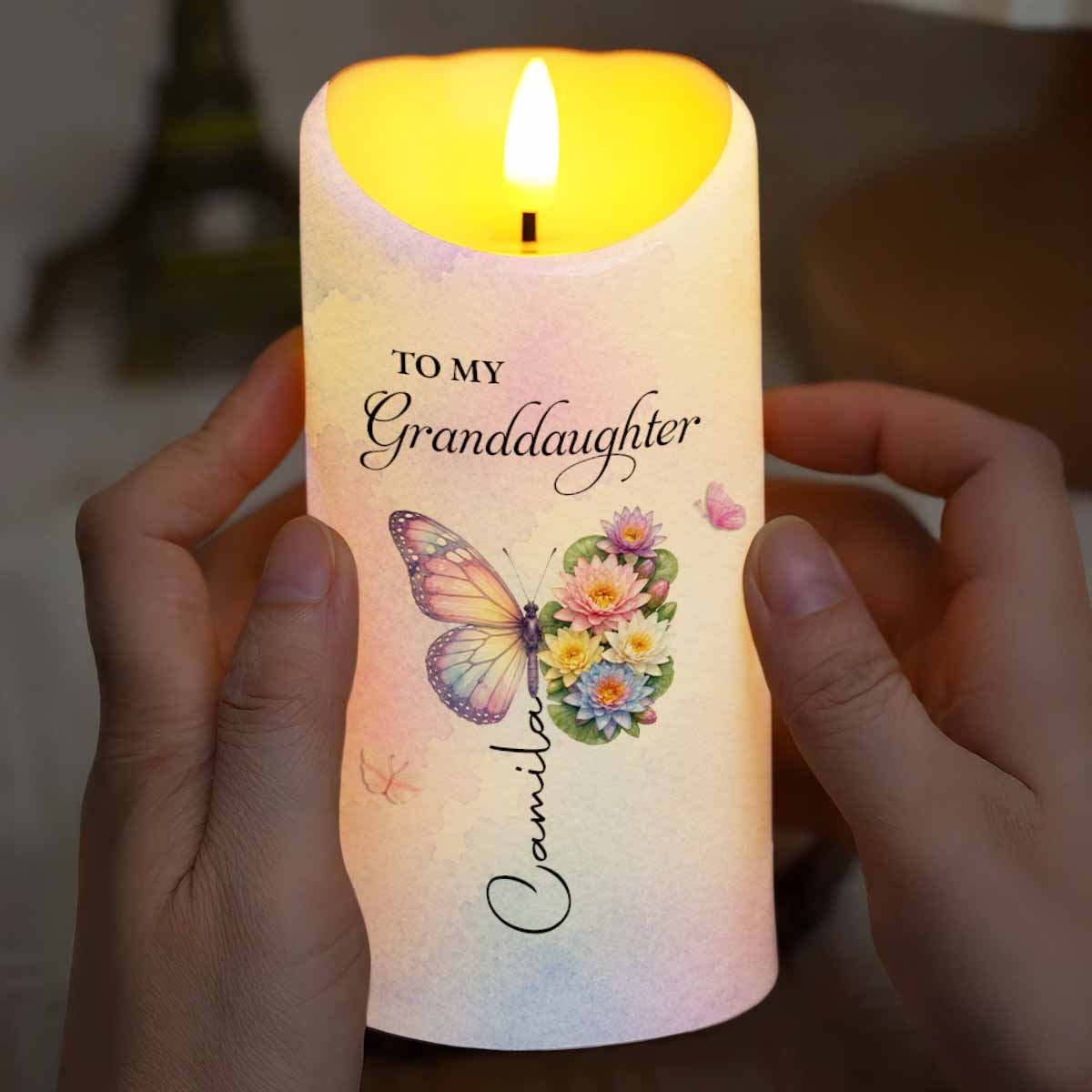 Personalized LED Candle with Birth Month Flowers for Granddaughter LED Candle GradoCreations