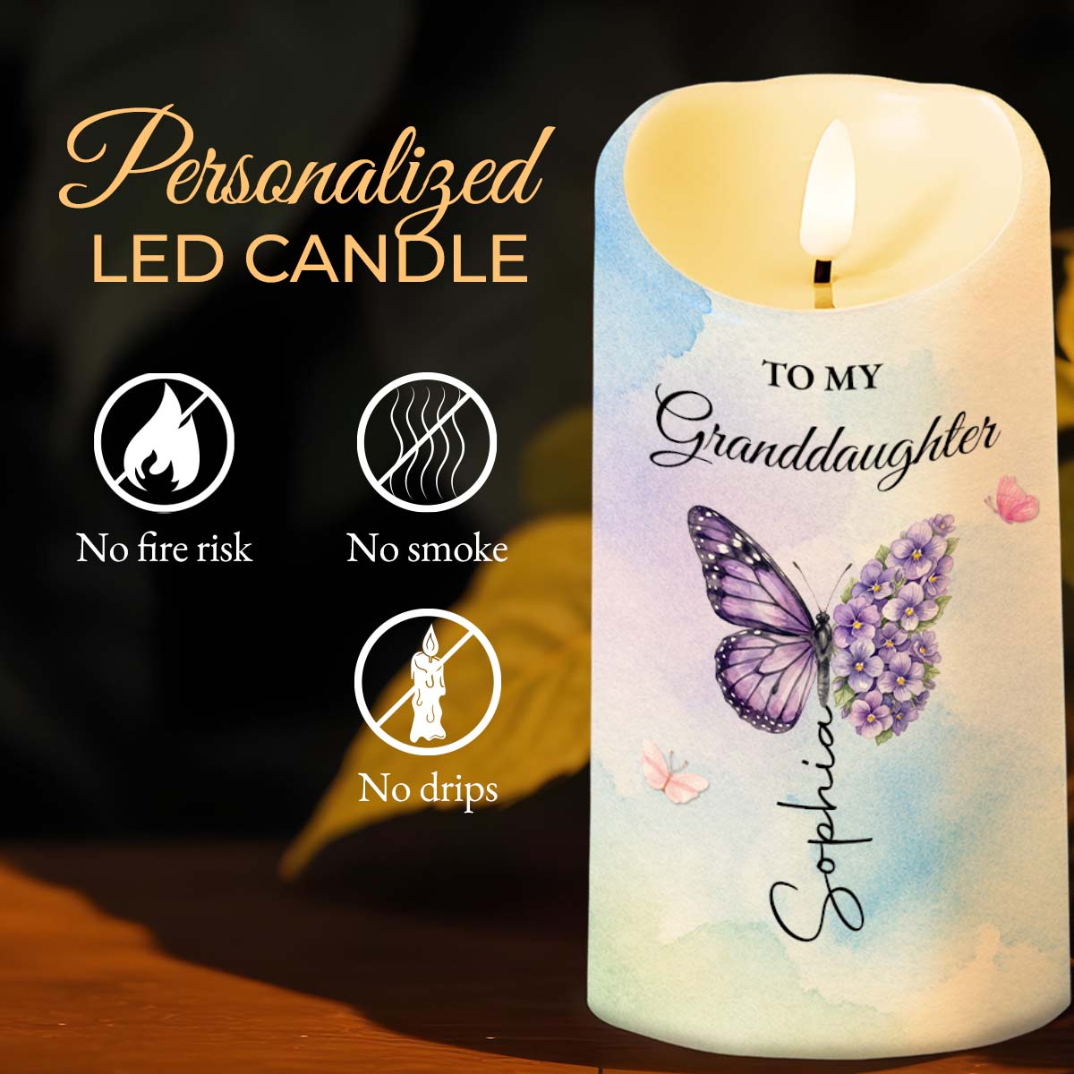 Personalized LED Candle with Butterfly for Granddaughter Gift LED Candle GradoCreations