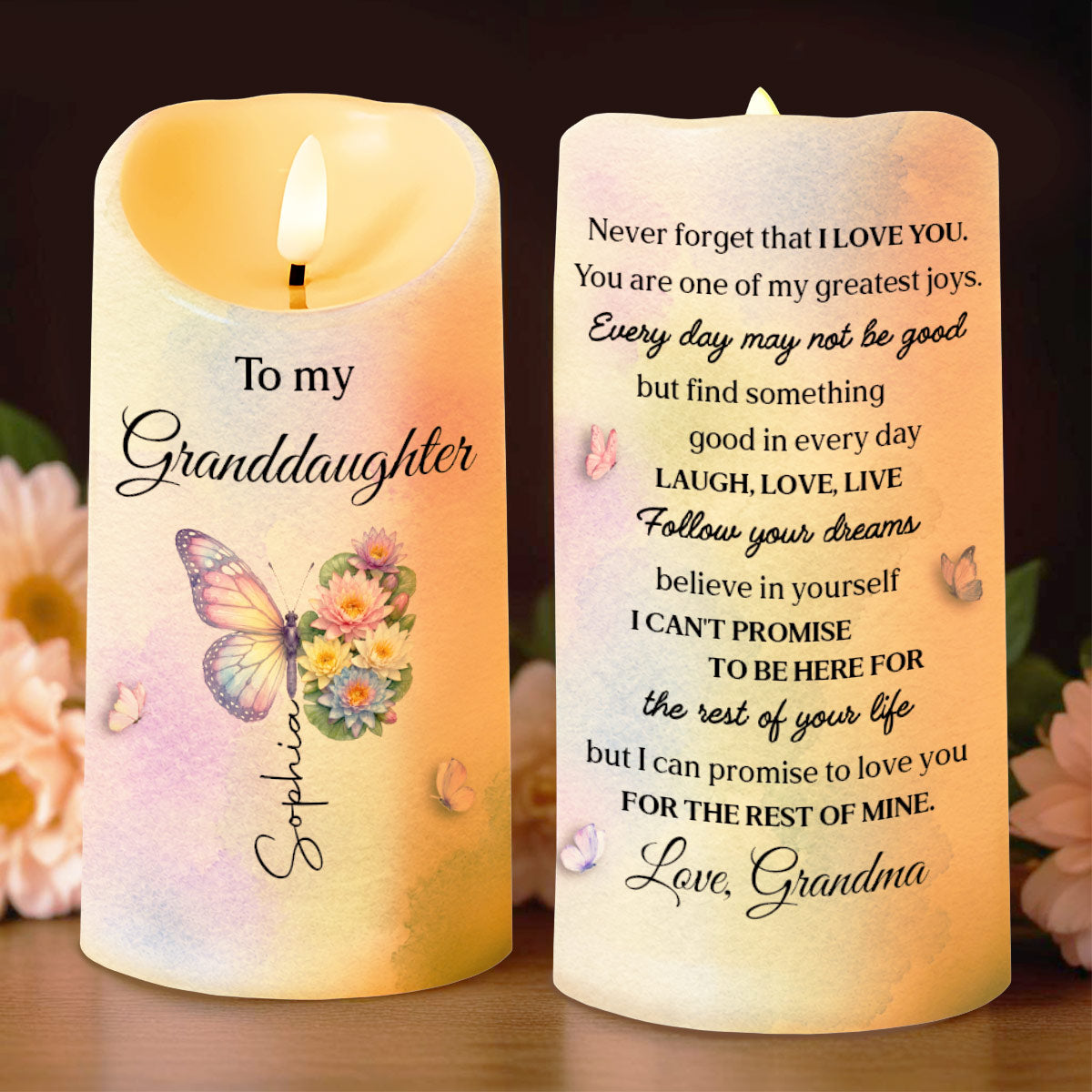 Personalized LED Candle for Granddaughter Custom Gift with Flowers LED Candle GradoCreations