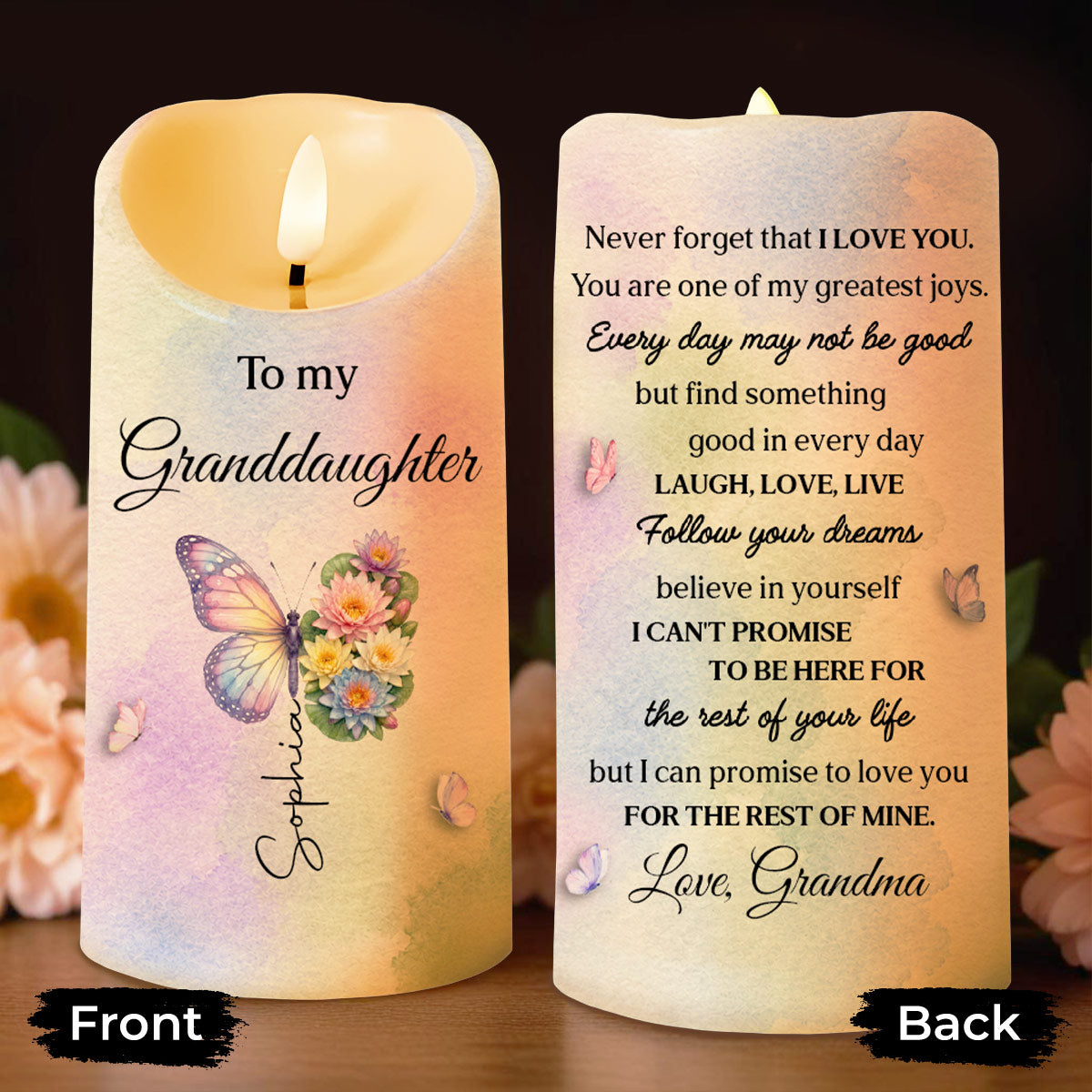 Personalized LED Candle for Granddaughter Custom Gift with Flowers LED Candle GradoCreations