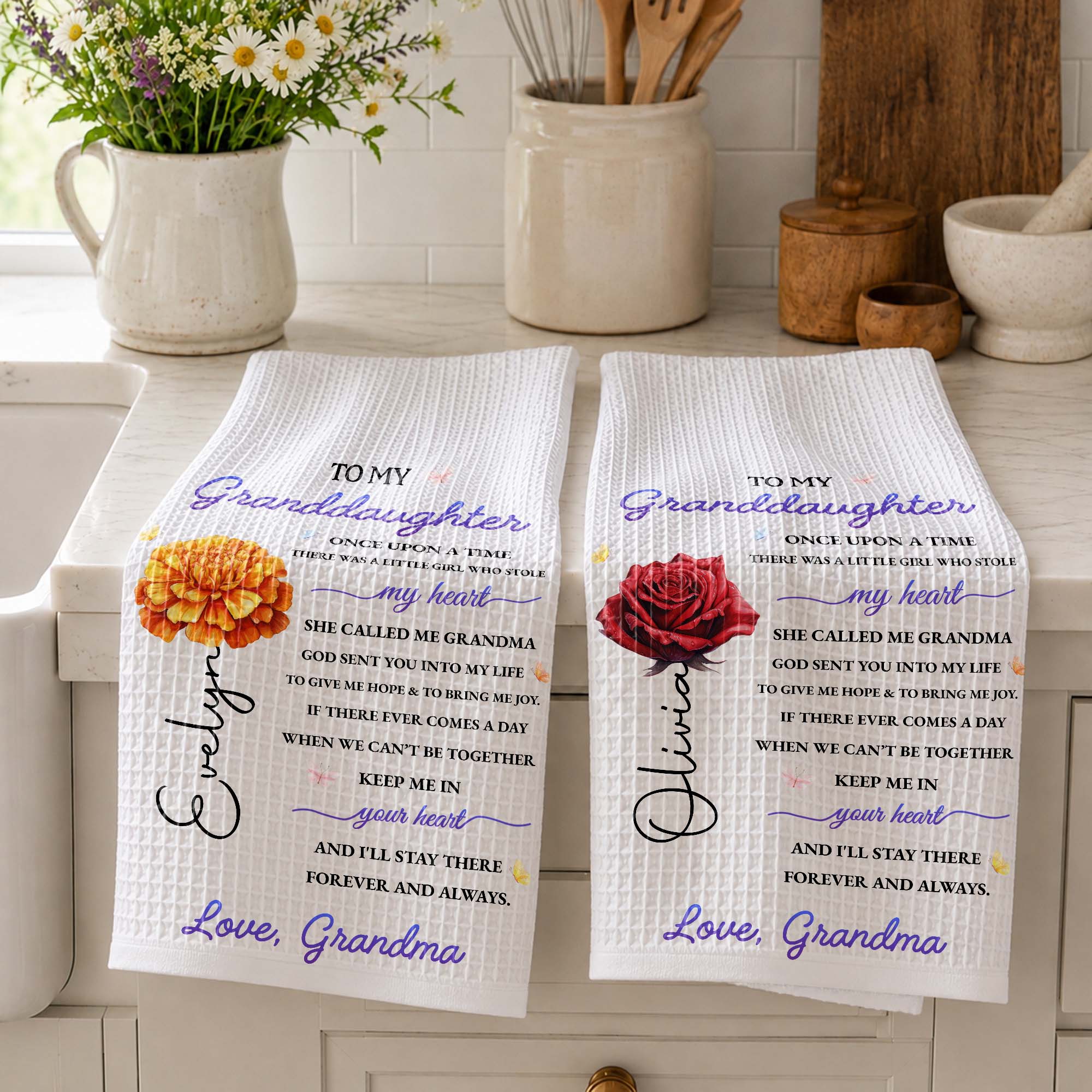 Personalized Kitchen Towel Custom Message for Granddaughter Kitchen Towel GradoCreations