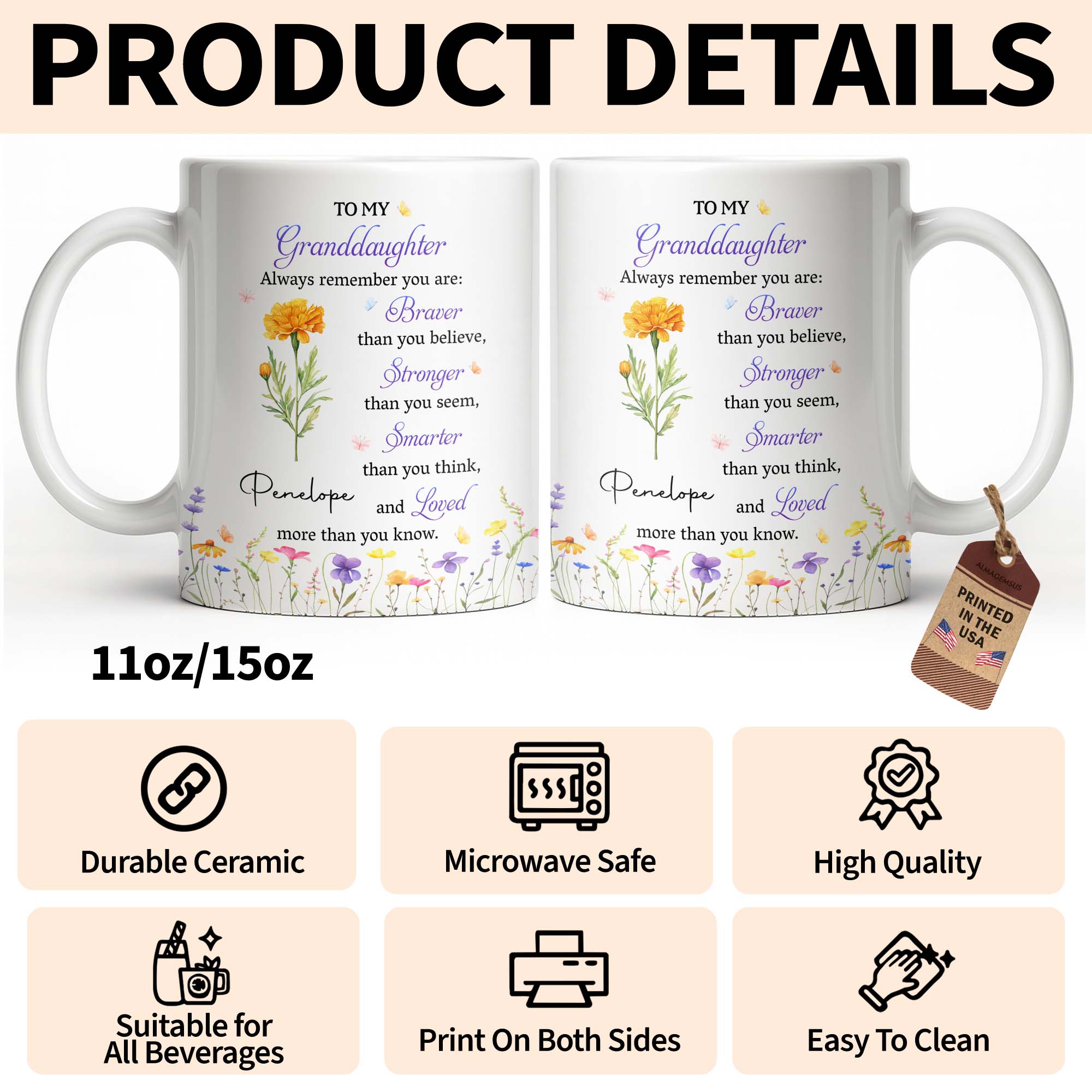 Personalized Coffee Mug for Granddaughter Custom Message Gift Edge-to-edge Mug GradoCreations