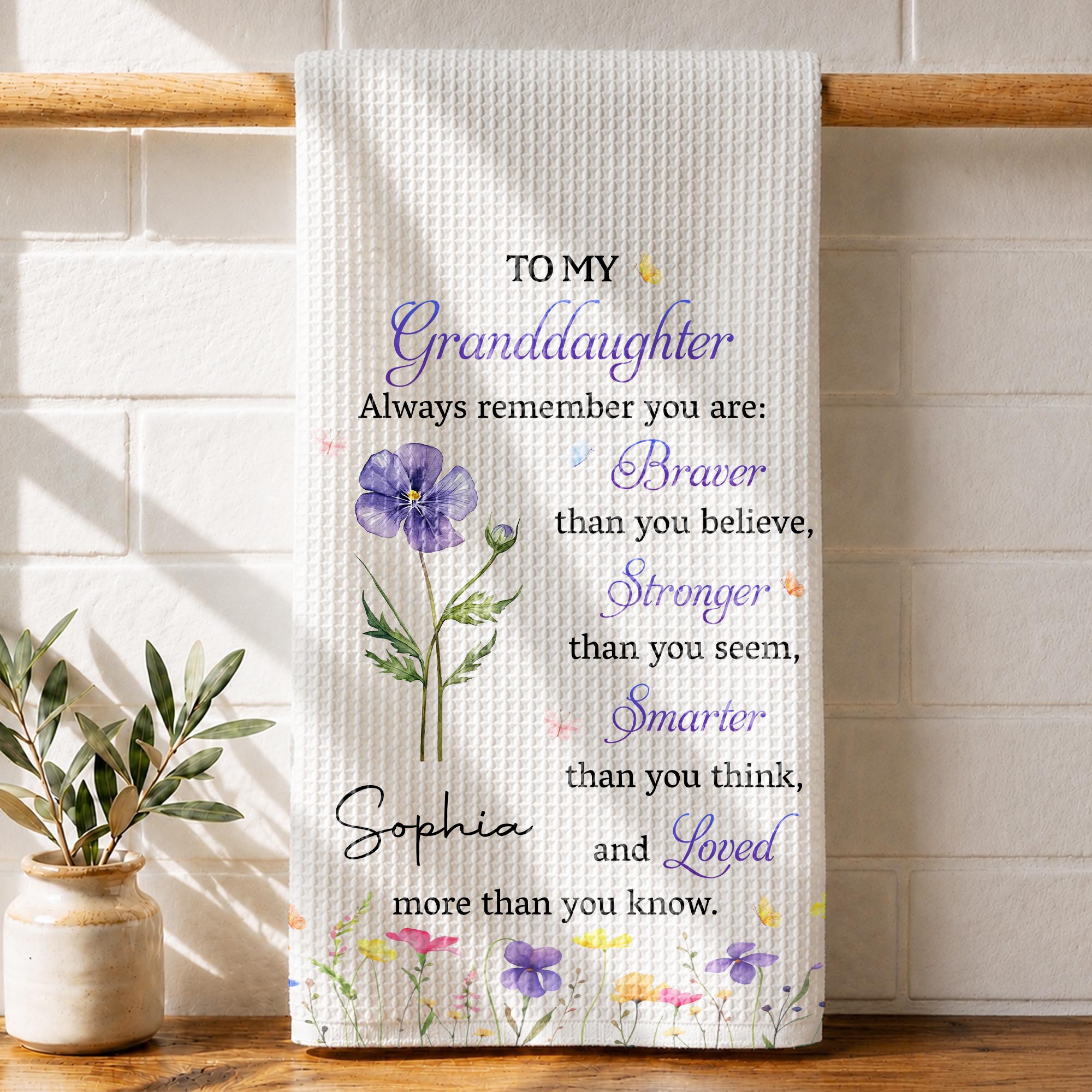 Personalized Kitchen Towel Gift for Granddaughter with Flower Design Kitchen Towel GradoCreations