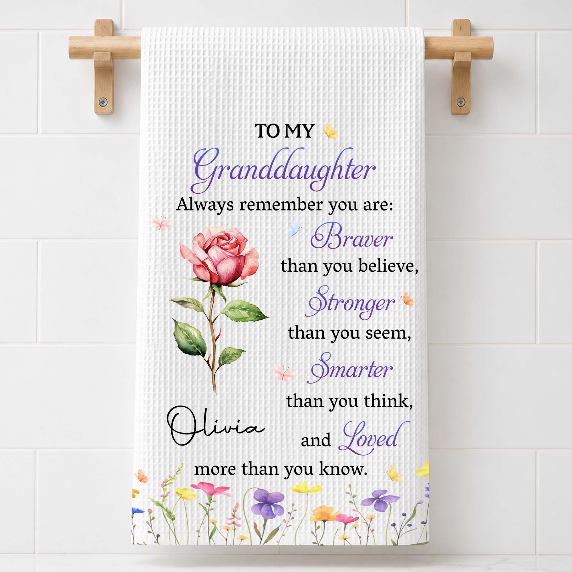 Personalized Kitchen Towel Gift for Granddaughter with Flower Design Kitchen Towel GradoCreations