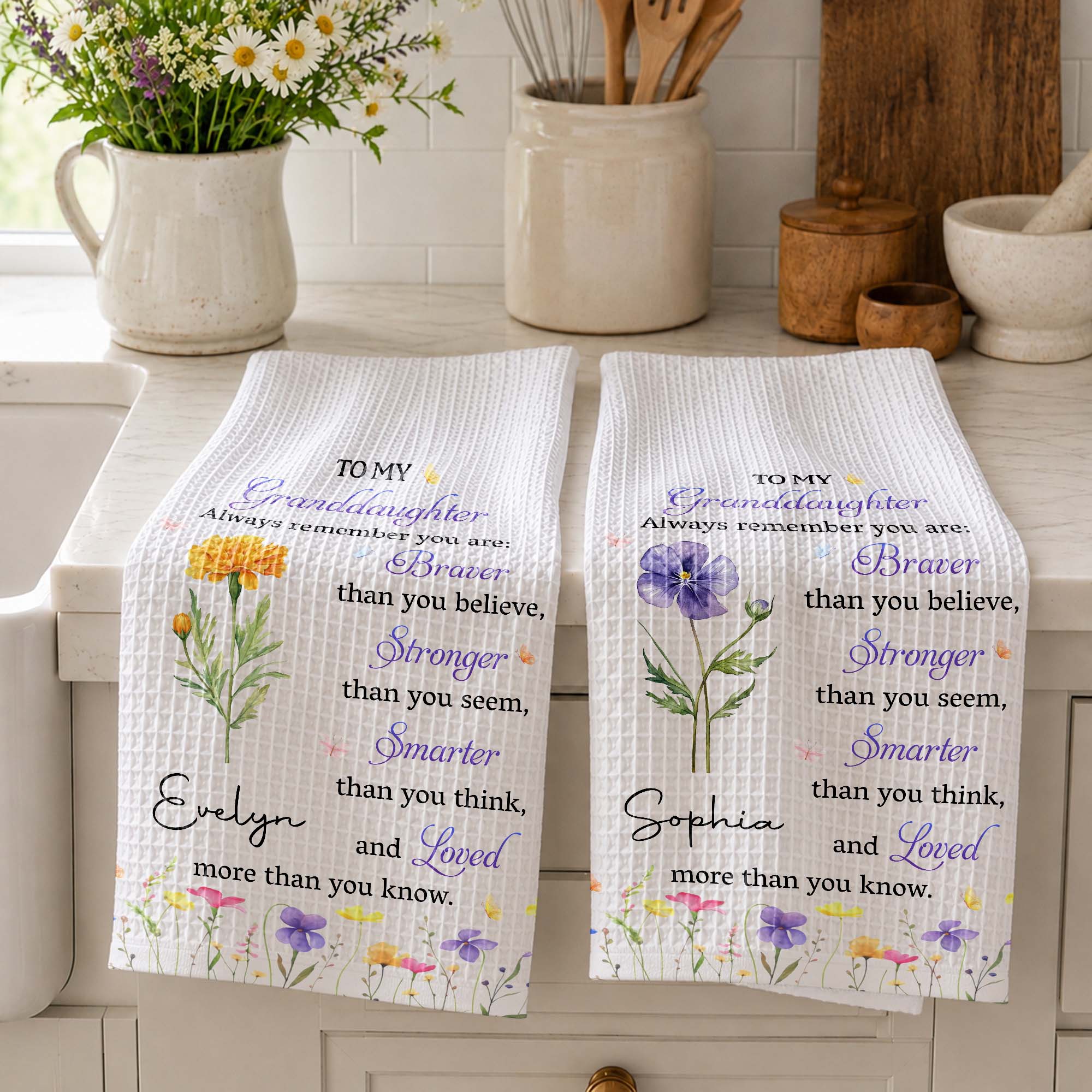 Personalized Kitchen Towel Gift for Granddaughter with Flower Design Kitchen Towel GradoCreations