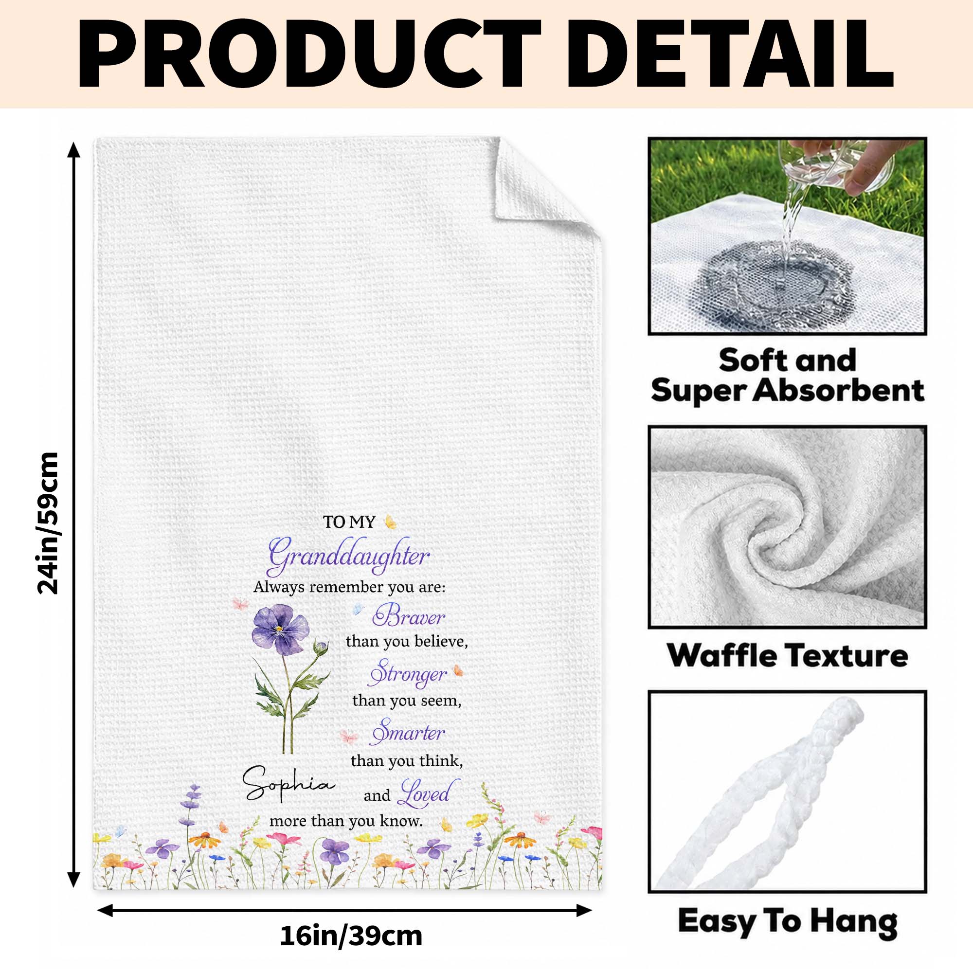 Personalized Kitchen Towel Gift for Granddaughter with Flower Design Kitchen Towel GradoCreations