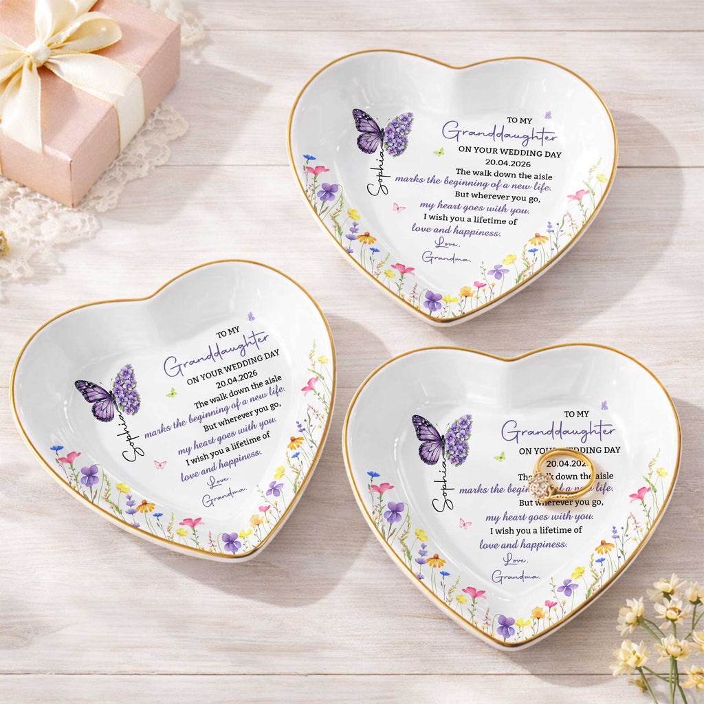 Personalized Heart Ceramic Jewelry Dish Custom Name Gift for Granddaughter Wedding Day