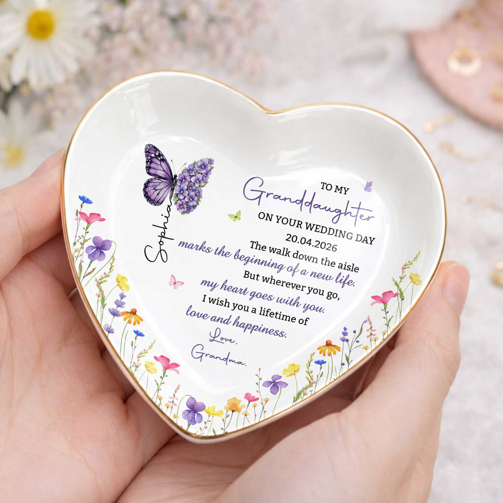 Personalized Heart Ceramic Jewelry Dish Custom Name Gift for Granddaughter Wedding Day