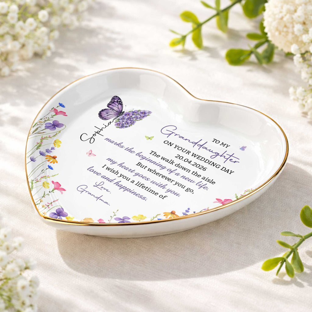 Personalized Heart Ceramic Jewelry Dish Custom Name Gift for Granddaughter Wedding Day