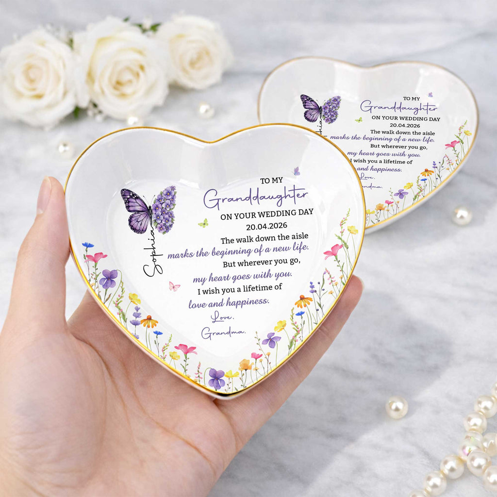 Personalized Heart Ceramic Jewelry Dish Custom Name Gift for Granddaughter Wedding Day