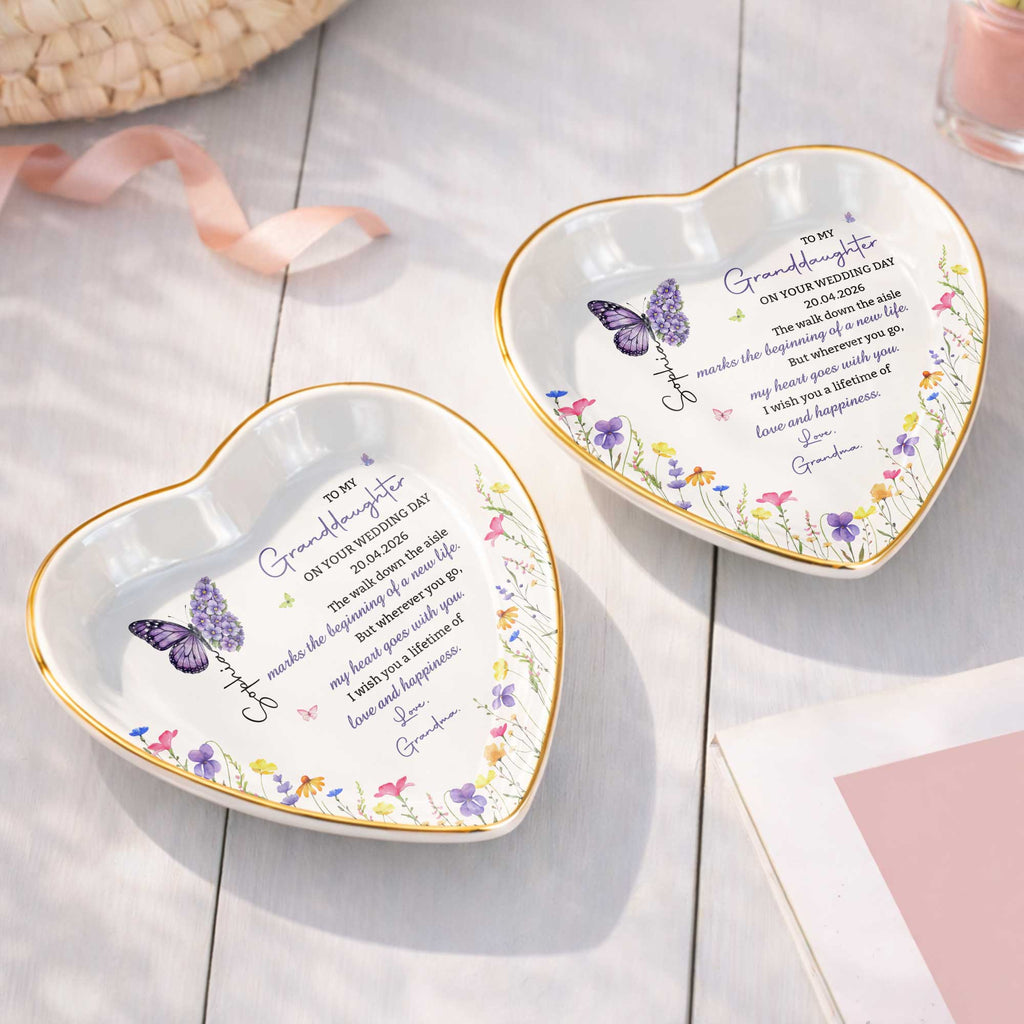 Personalized Heart Ceramic Jewelry Dish Custom Name Gift for Granddaughter Wedding Day