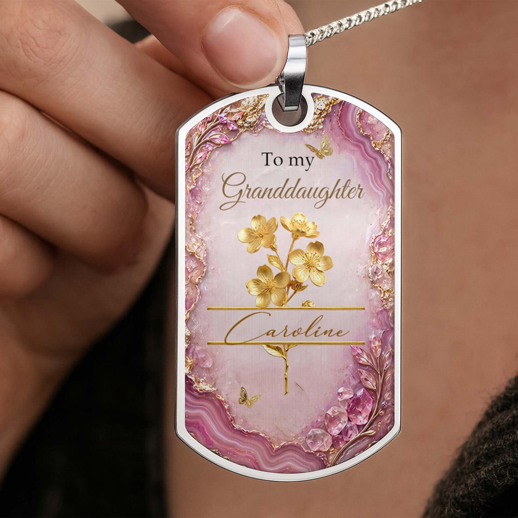 Personalized Dog Tag Necklace Custom Birth Month Flowers for Granddaughter