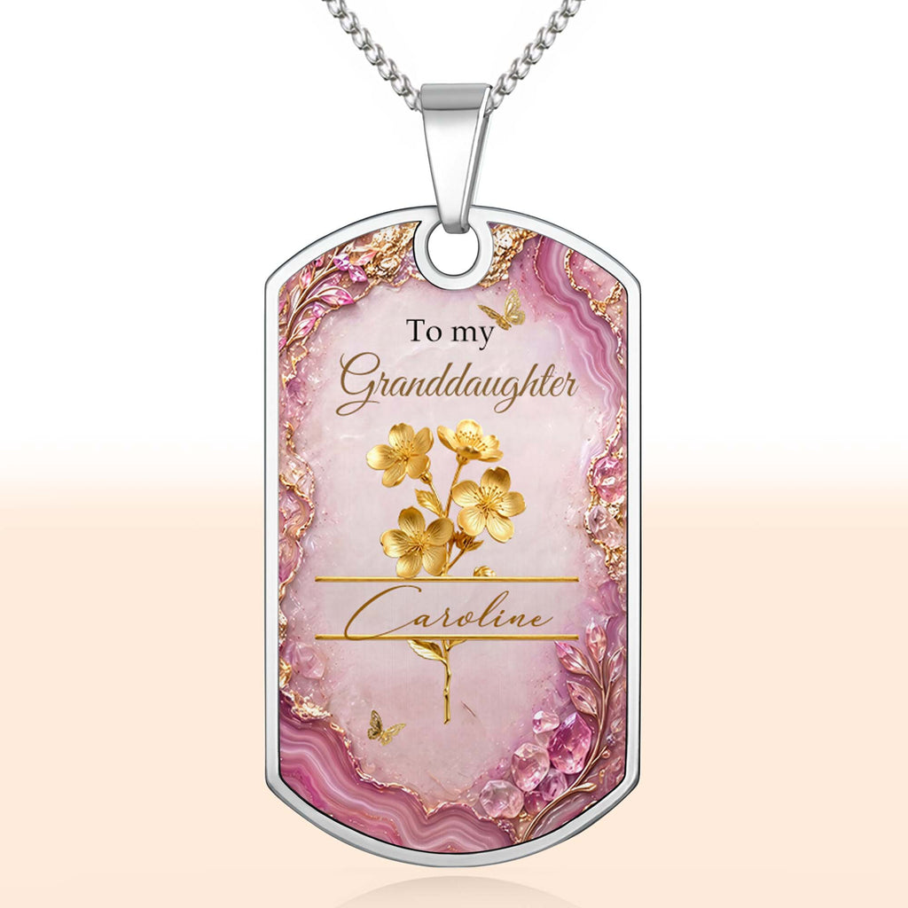 Personalized Dog Tag Necklace Custom Birth Month Flowers for Granddaughter