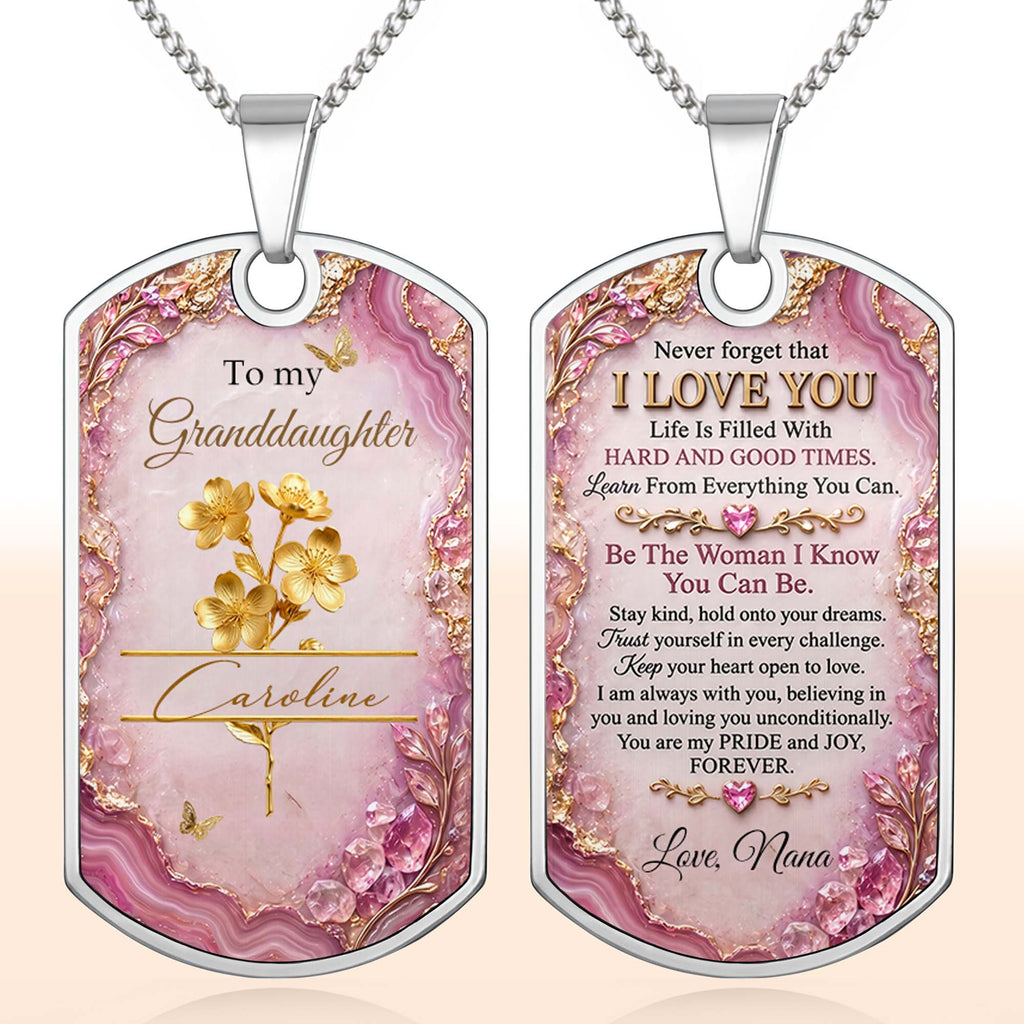 Personalized Dog Tag Necklace Custom Birth Month Flowers for Granddaughter