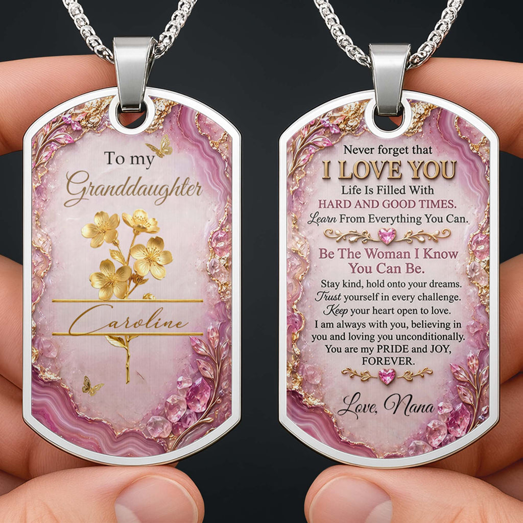 Personalized Dog Tag Necklace Custom Birth Month Flowers for Granddaughter
