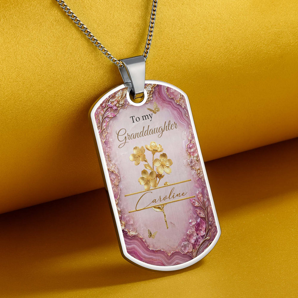 Personalized Dog Tag Necklace Custom Birth Month Flowers for Granddaughter