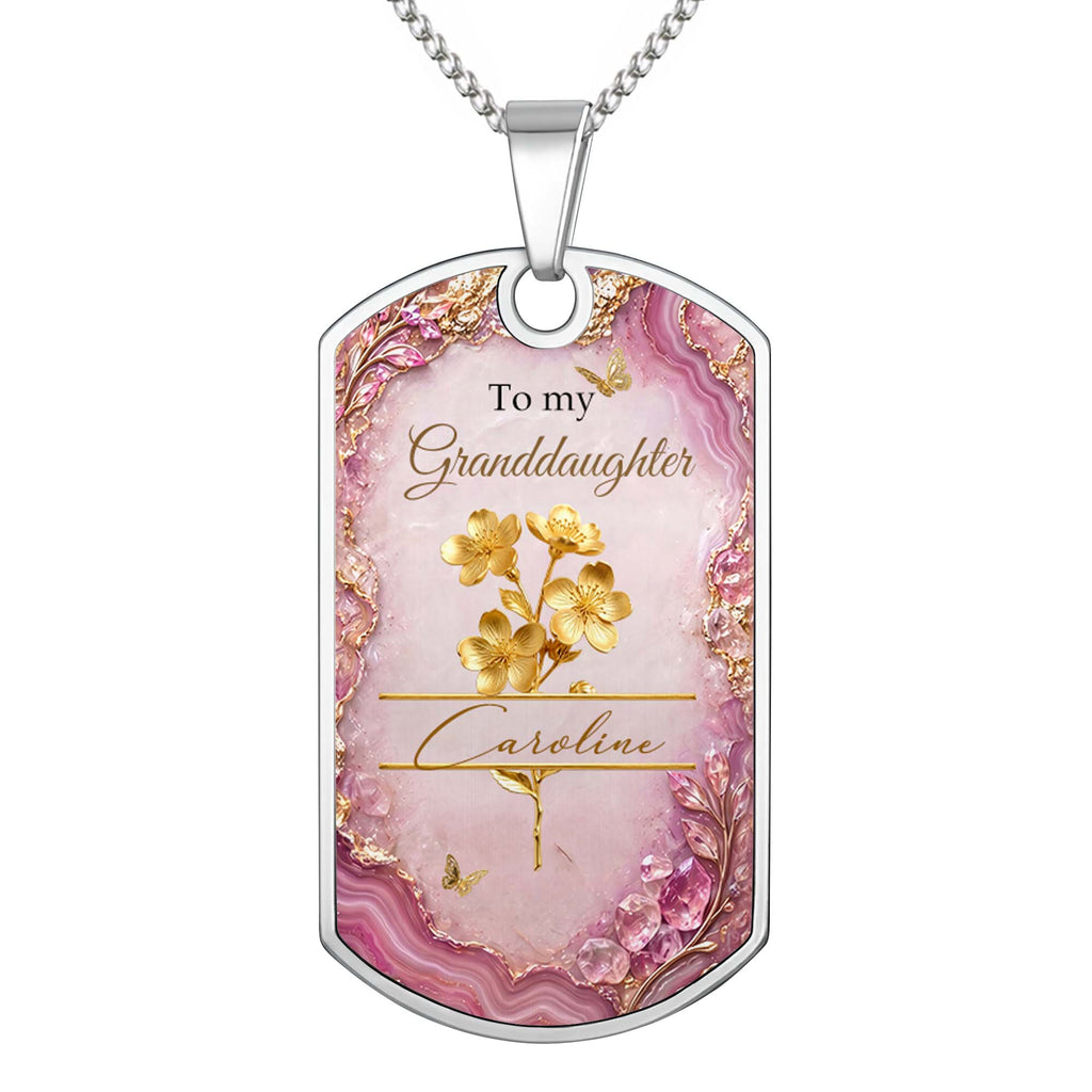 Personalized Dog Tag Necklace Custom Birth Month Flowers for Granddaughter